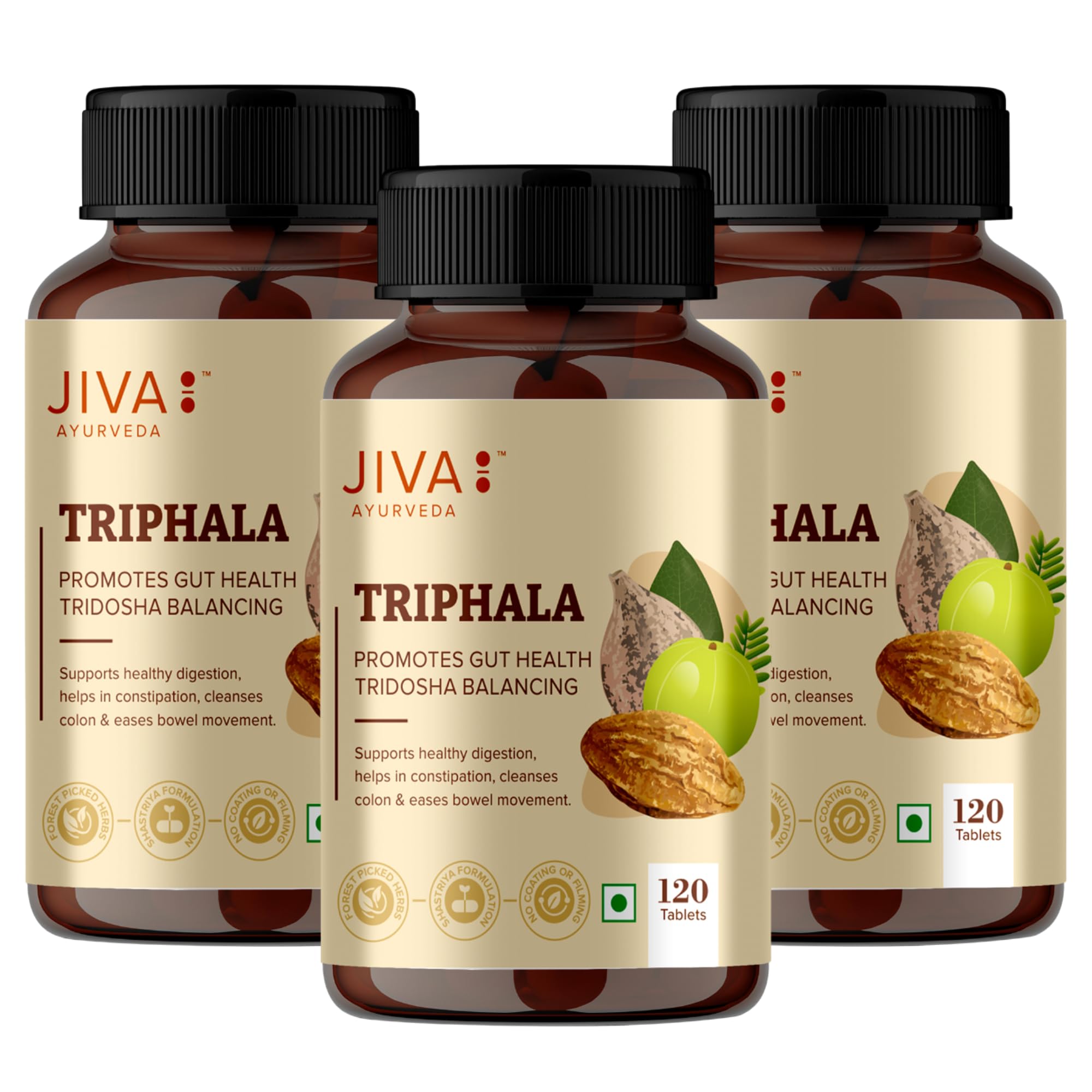 Three bottles of Jiva Ayurveda Triphala adult vegetarian tablets