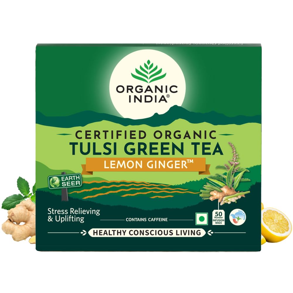 Box of Organic India lemon ginger tulsi green tea bags