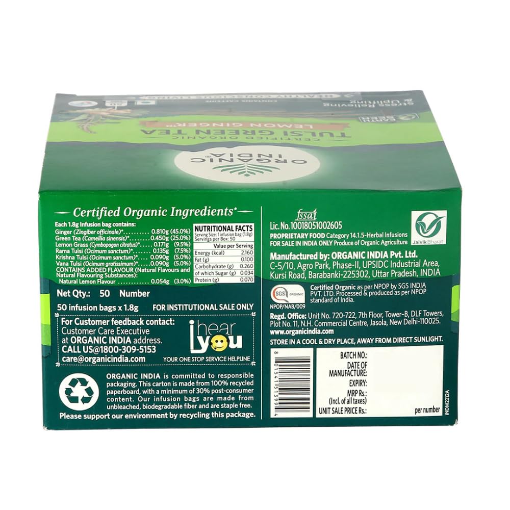 ORGANIC INDIA Tulsi Green Tea Lemon Ginger 50 Teabags – view 5