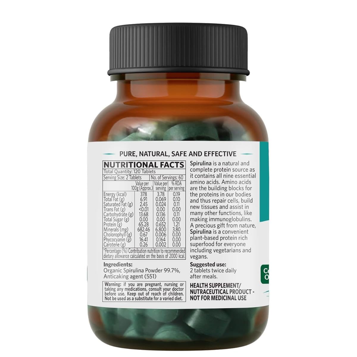 A TATA Product - Organic India Spirulina - 120 Tablets, Natural Amino Acids, Protein Powerhouse, Plant-Based Superfood, Improve Stamina, For Hair, Skin, Nails & Overall Health – view 3