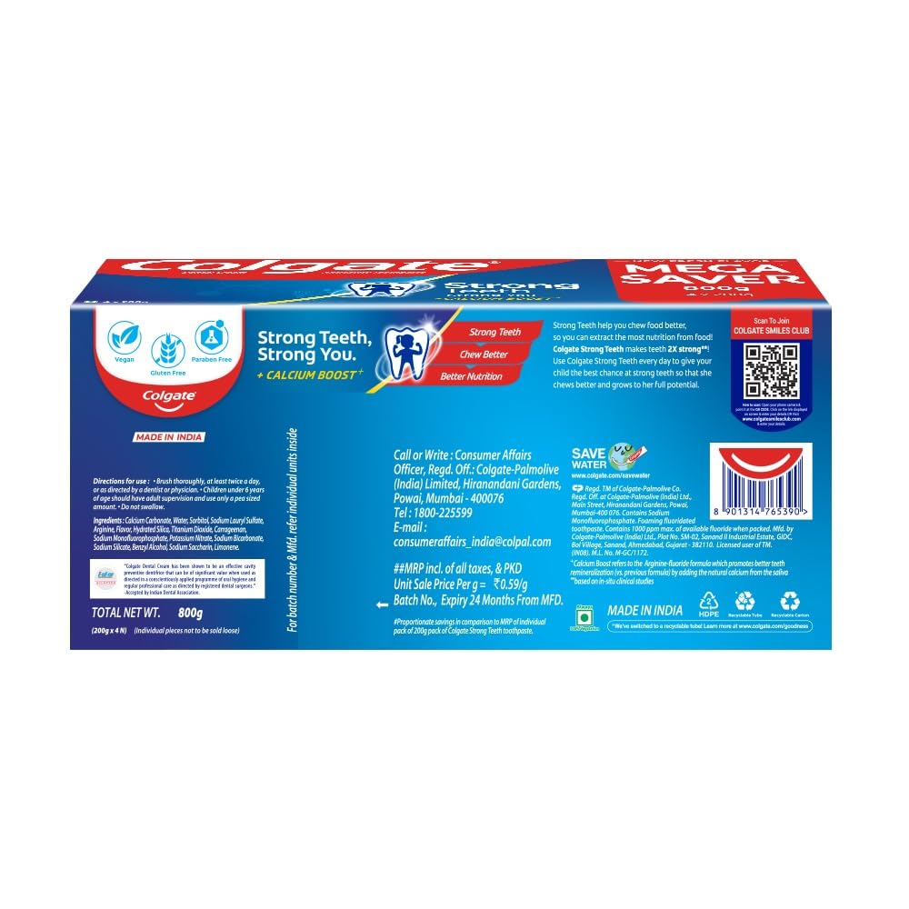 Colgate Strong Teeth, 800g (Combo Pack, 200g*4), India – view 9