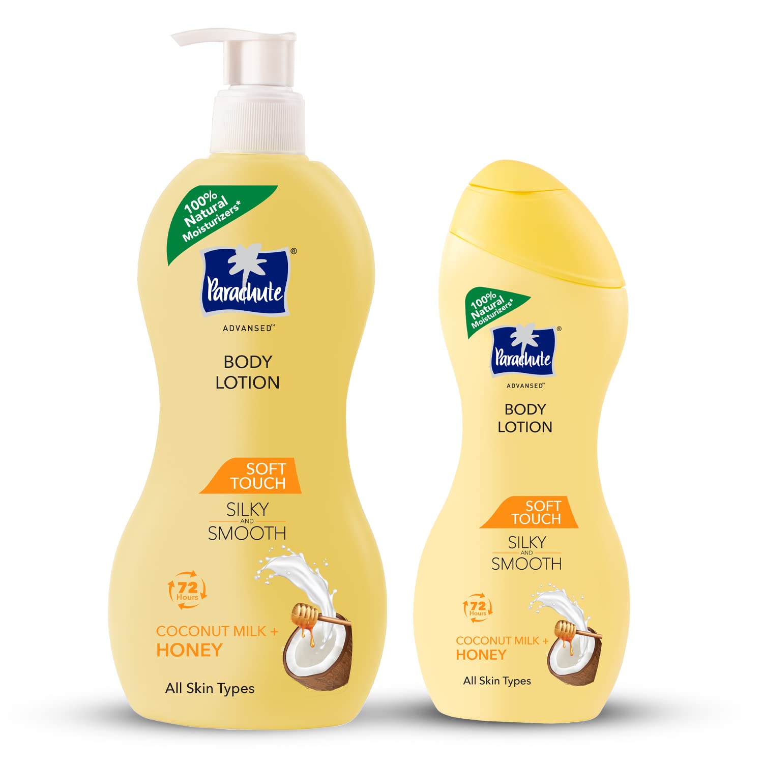 Two-bottle Parachute Advansed body lotion pack with coconut milk and honey