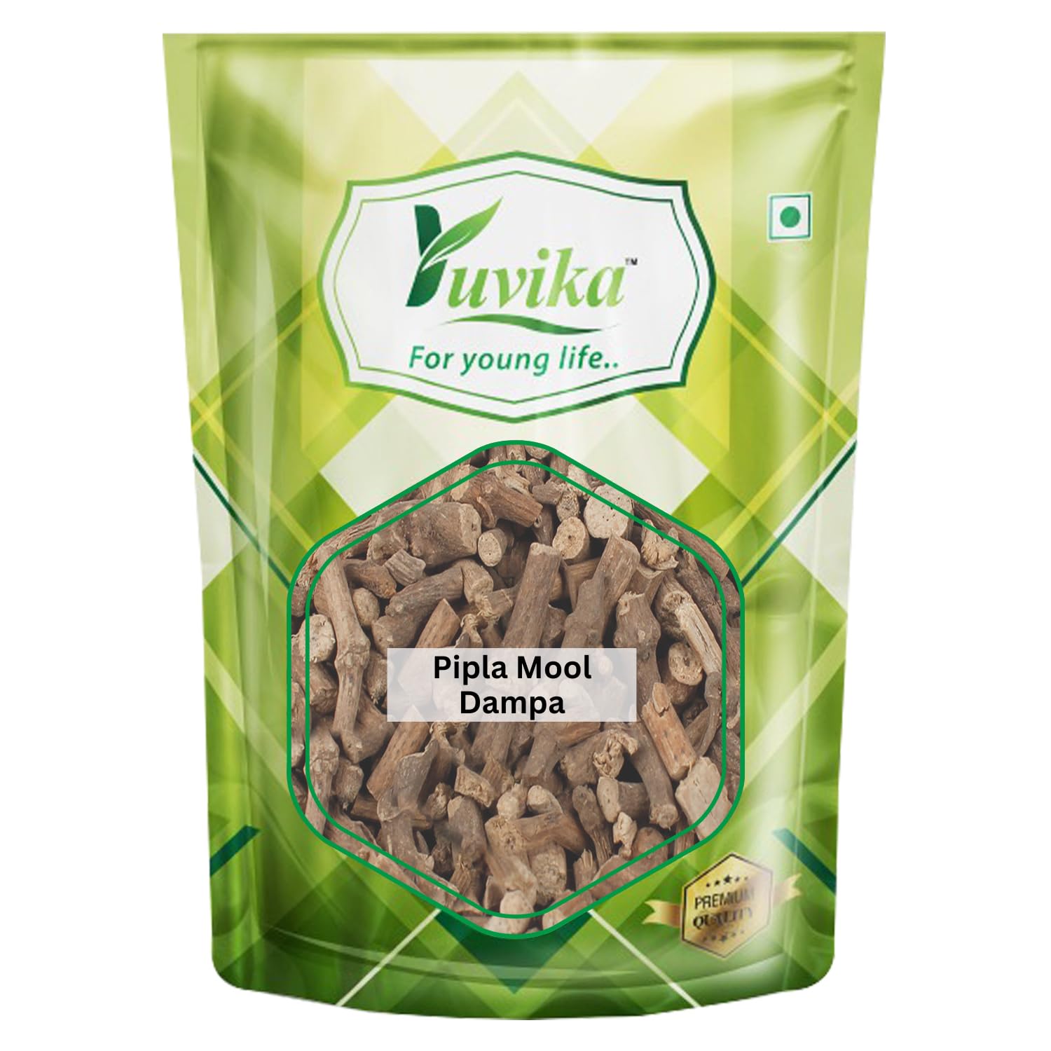 Front view of Yuvika Pipla Mool Dampa 100 gram bag