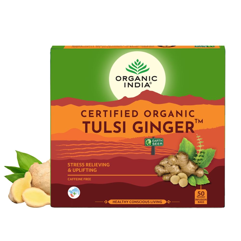 Front of Organic India Tulsi Ginger tea bags box