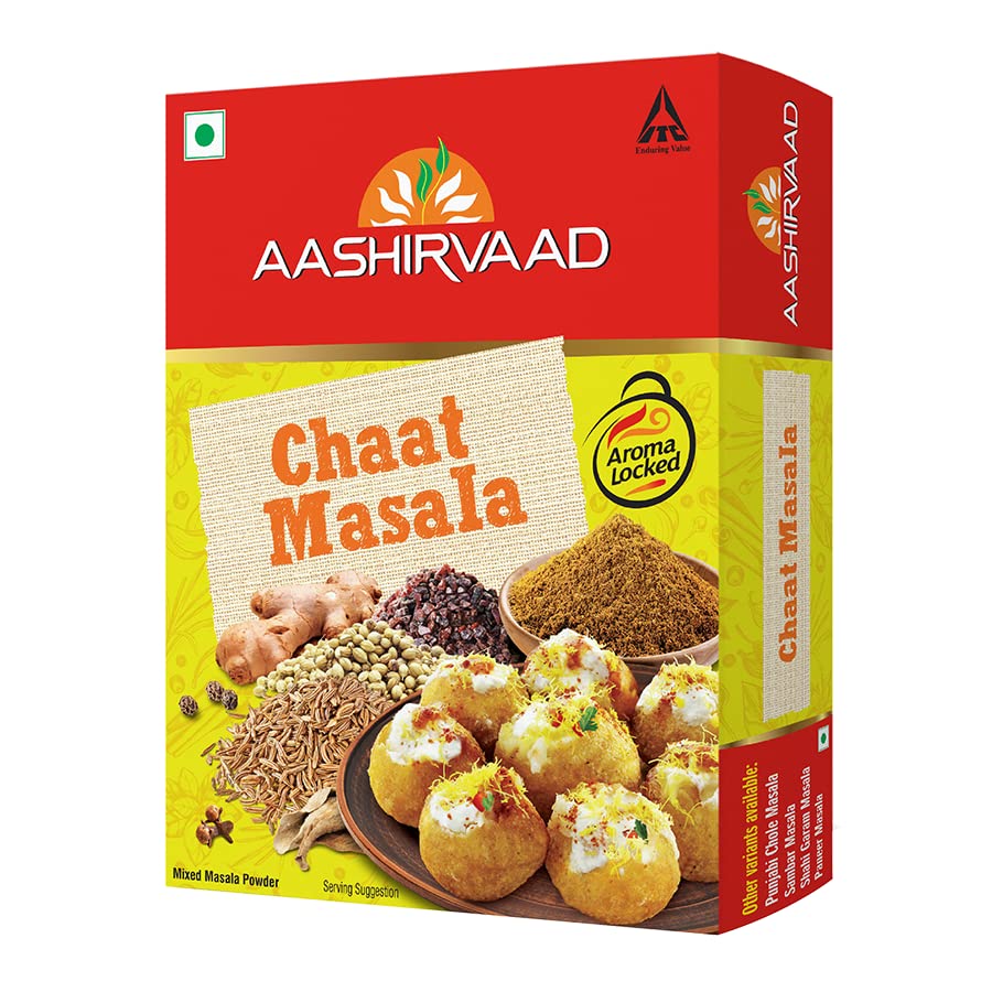 Front pack of Aashirvaad chaat masala powder 100g box
