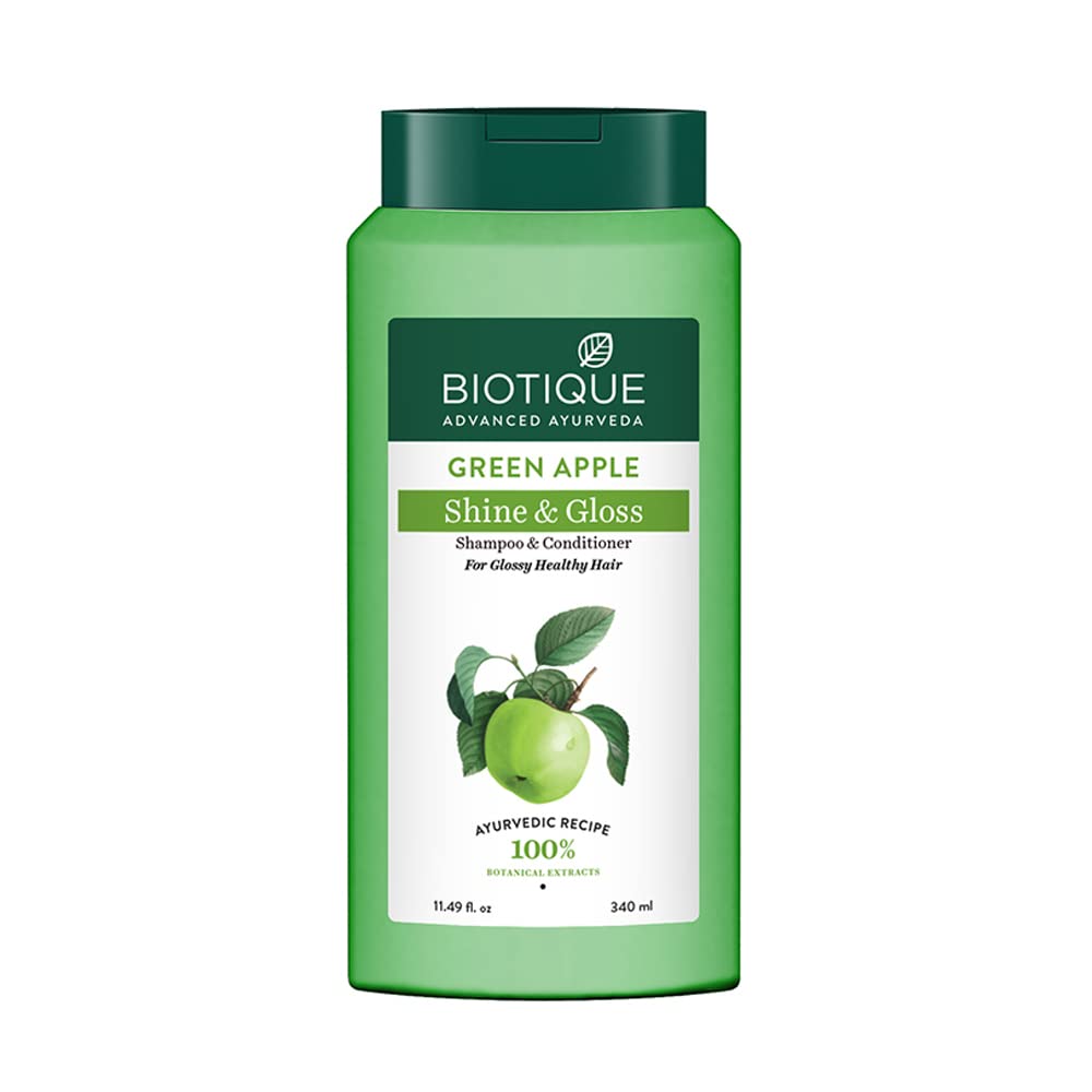 Front view of Biotique Green Apple shampoo and conditioner bottle