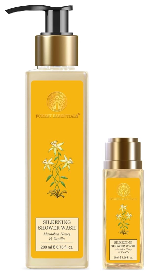 Forest Essentials Mashobra honey vanilla shower wash bottle and travel size