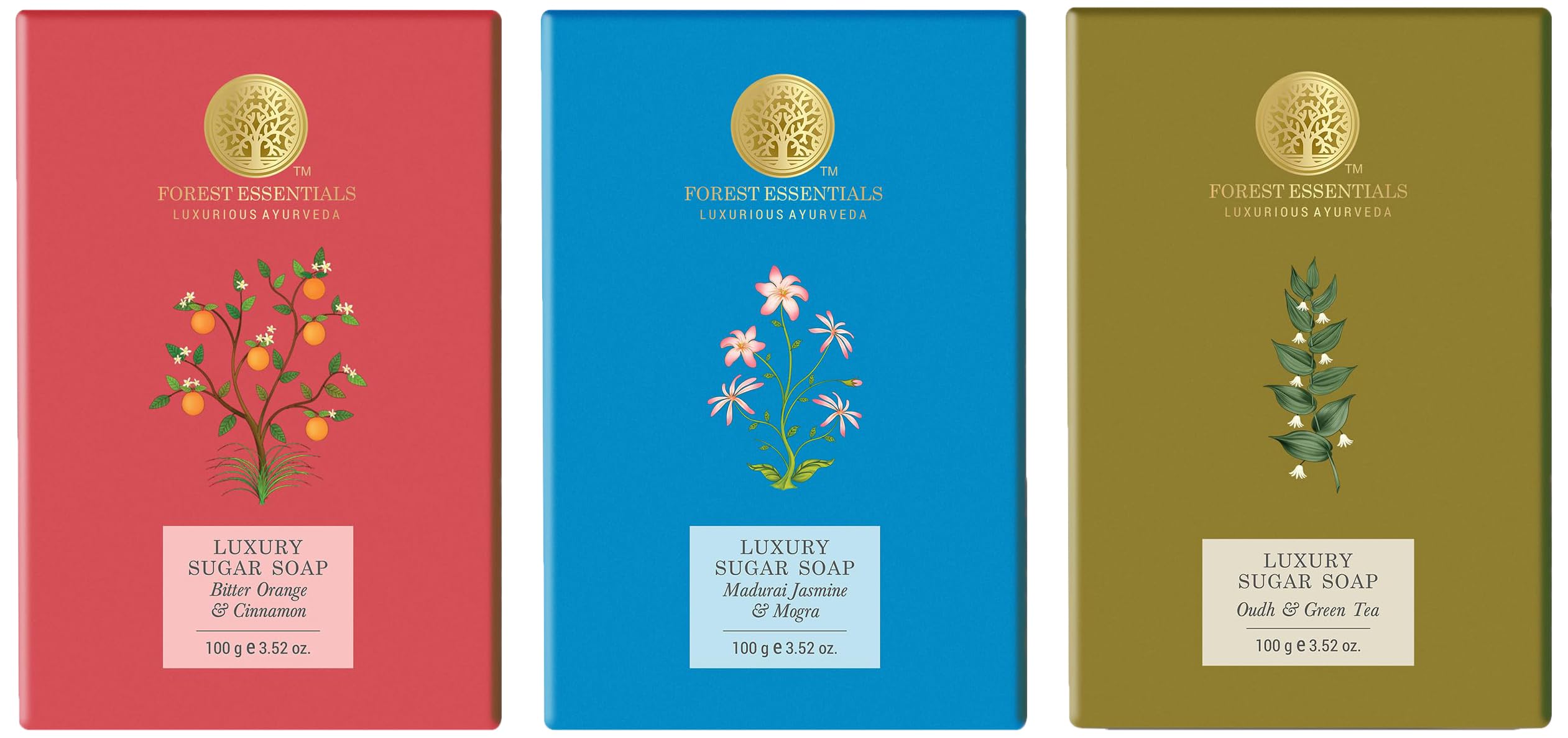 Boxed Forest Essentials Luxury Sugar Soap with Oudh, Bitter Orange and Mogra scents