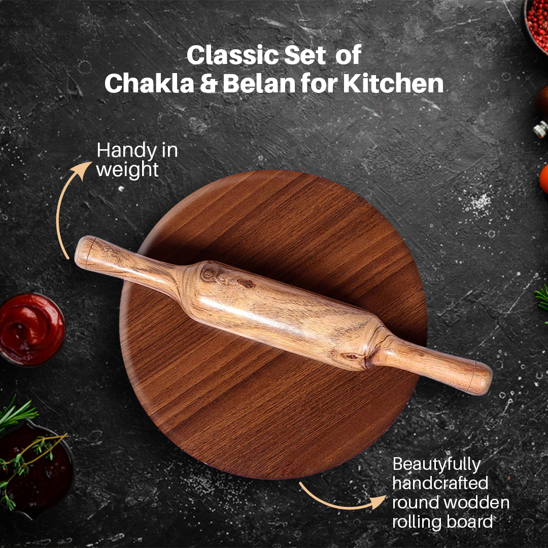NeuOrigin Sheesham Wood Chakla Belan - 9 Inch Round Wooden Rolling Board with 12 Inch Rolling Pin - Chapati Maker, Wooden Polpat - Durable & Natural Sheesham Chapati Prep Set for Home. – view 2