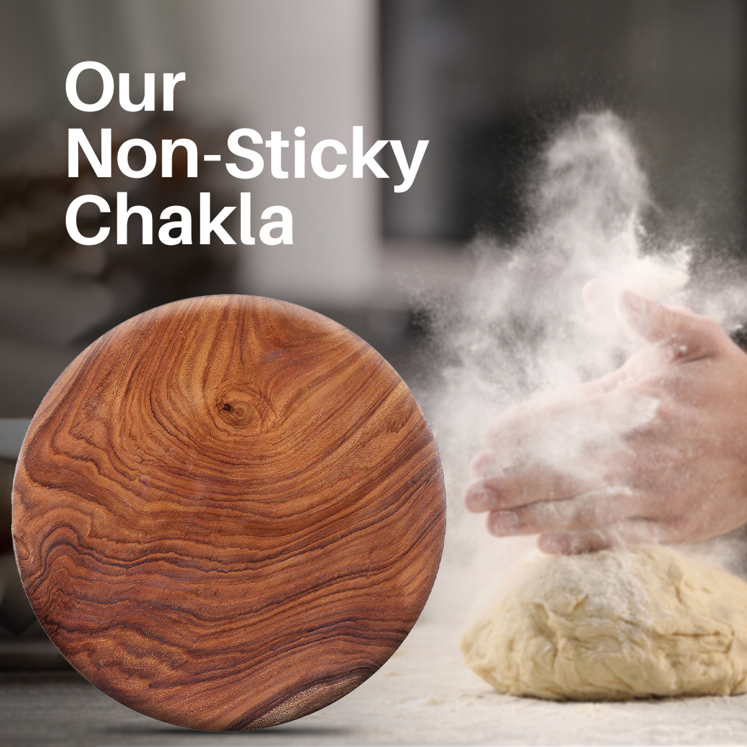 NeuOrigin Sheesham Wood Chakla Belan - 9 Inch Round Wooden Rolling Board with 12 Inch Rolling Pin - Chapati Maker, Wooden Polpat - Durable & Natural Sheesham Chapati Prep Set for Home. – view 3