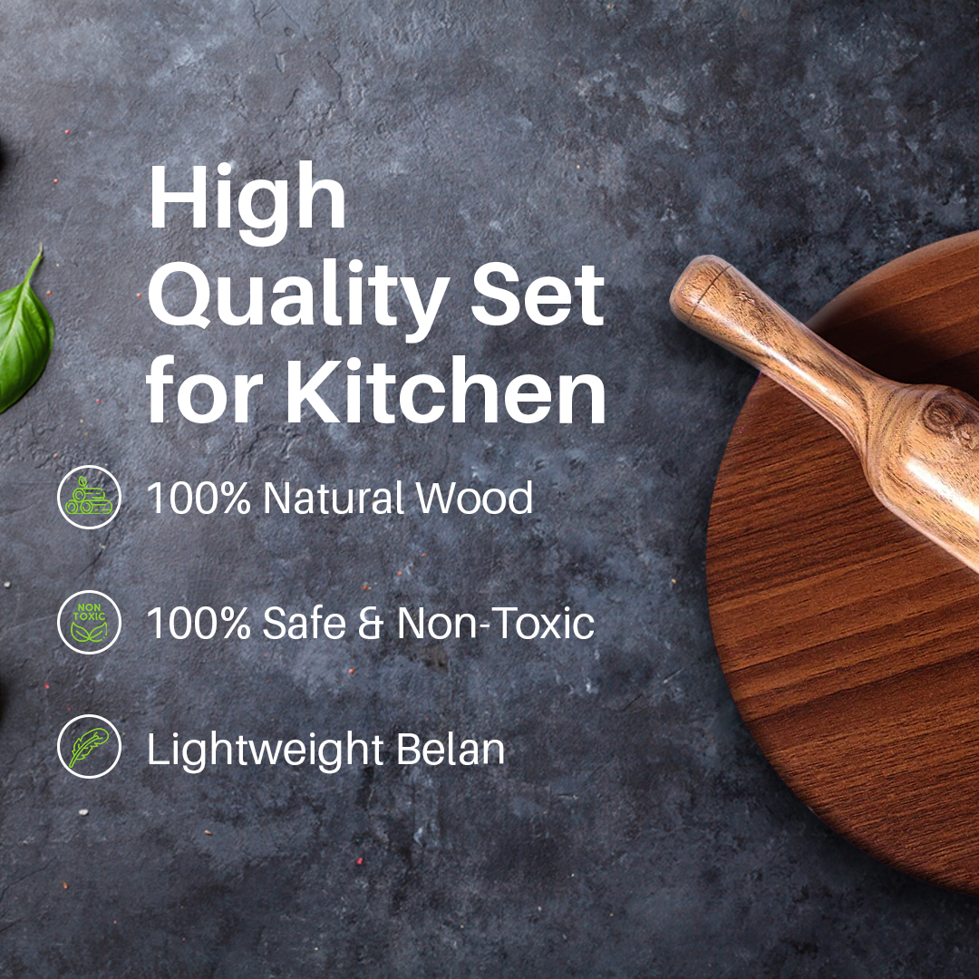 NeuOrigin Sheesham Wood Chakla Belan - 9 Inch Round Wooden Rolling Board with 12 Inch Rolling Pin - Chapati Maker, Wooden Polpat - Durable & Natural Sheesham Chapati Prep Set for Home. – view 4
