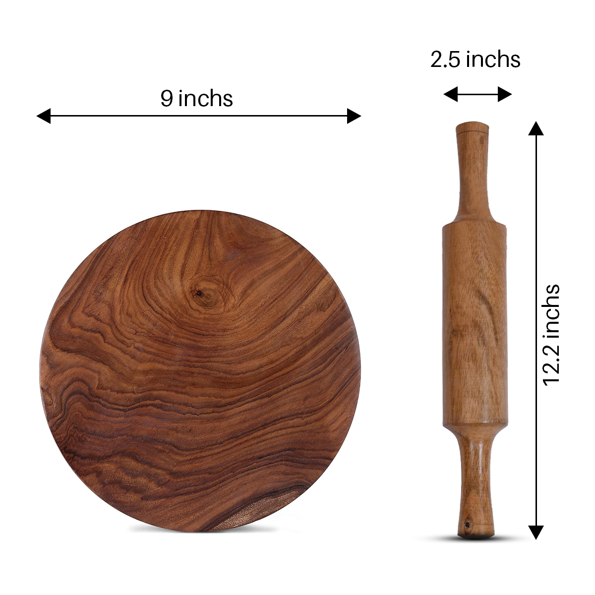 NeuOrigin Sheesham Wood Chakla Belan - 9 Inch Round Wooden Rolling Board with 12 Inch Rolling Pin - Chapati Maker, Wooden Polpat - Durable & Natural Sheesham Chapati Prep Set for Home. – view 6