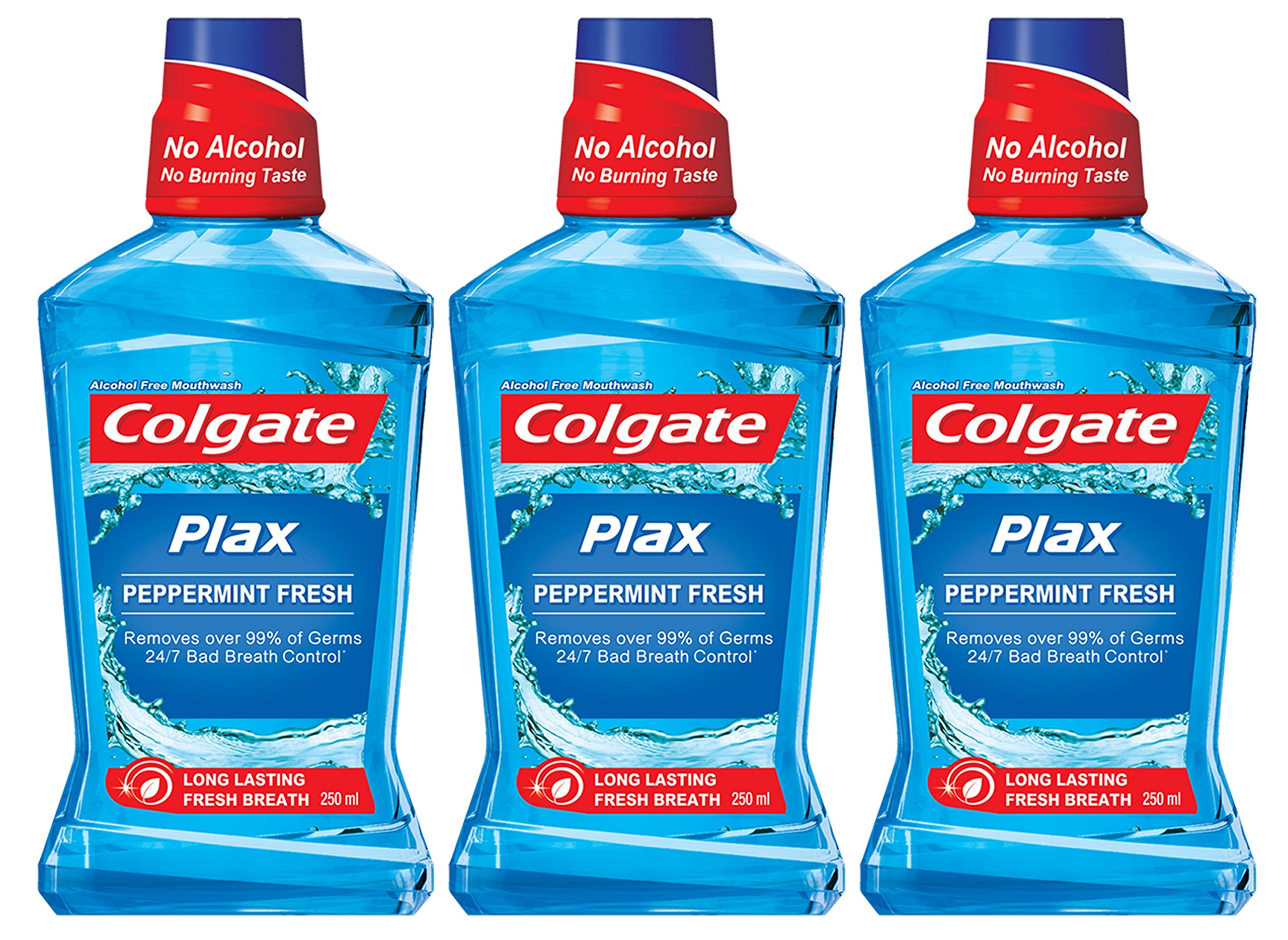 Colgate Plax Pepper Mint mouthwash pack with three 250 ml bottles