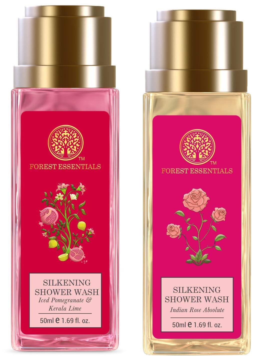 Travel size Forest Essentials silkening shower wash combo bottles