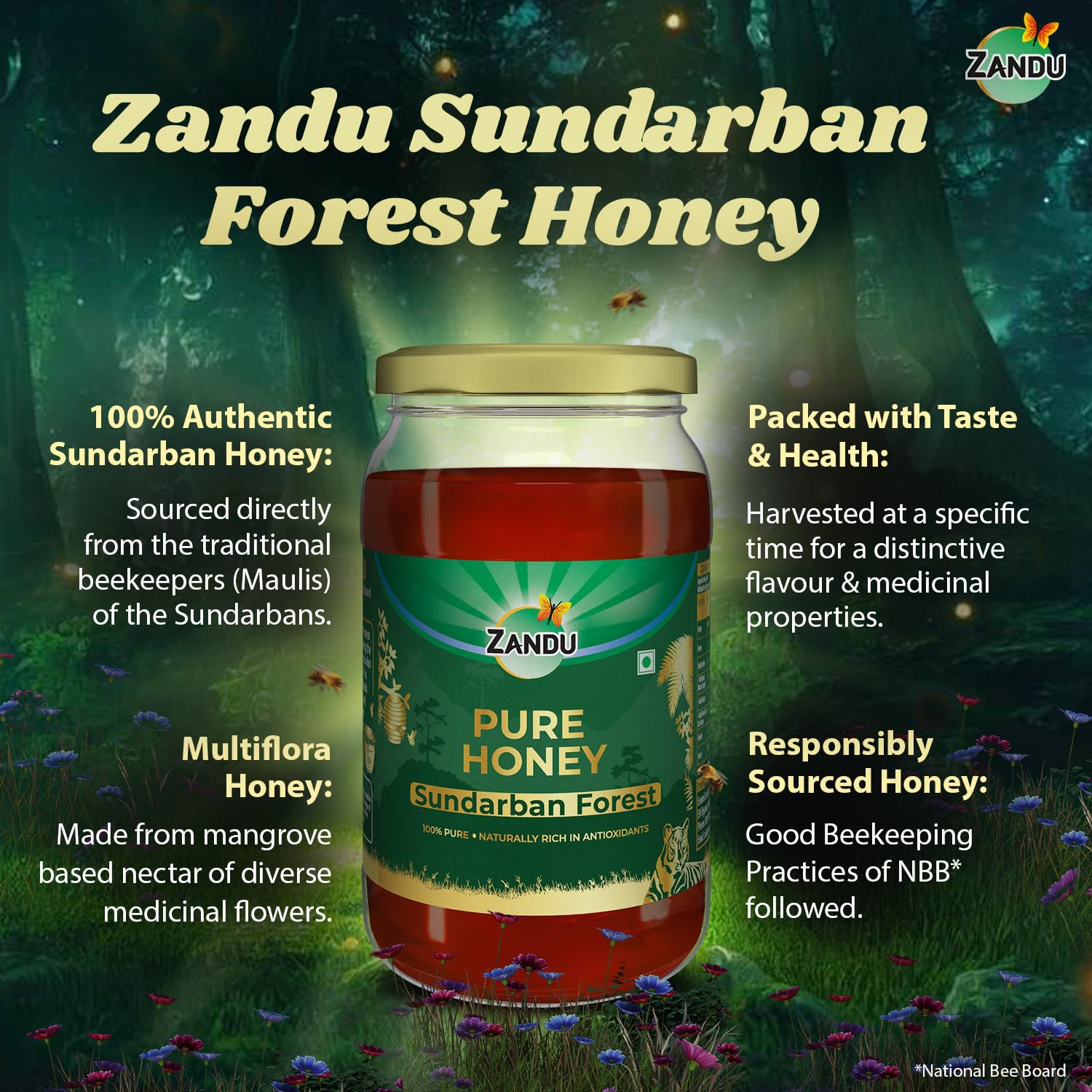 Zandu Pure Honey Sundarban Forest, Natural Honey from the Largest Mangrove Forest, Multi Flora & Medicinal Properties, Comes without Added Sugar & Preservatives, 100% Natural, Glass Jar, 500g – view 3