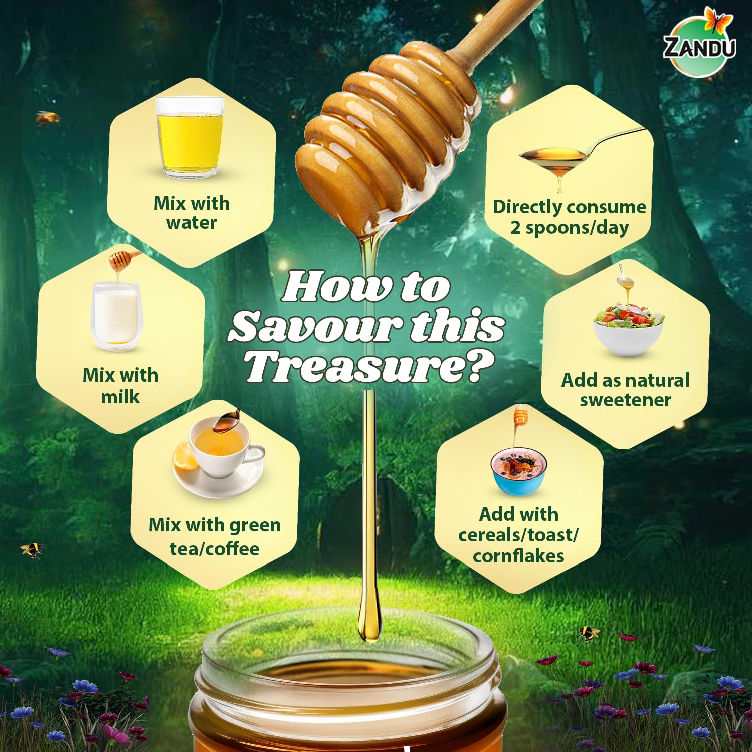 Zandu Pure Honey Sundarban Forest, Natural Honey from the Largest Mangrove Forest, Multi Flora & Medicinal Properties, Comes without Added Sugar & Preservatives, 100% Natural, Glass Jar, 500g – view 5