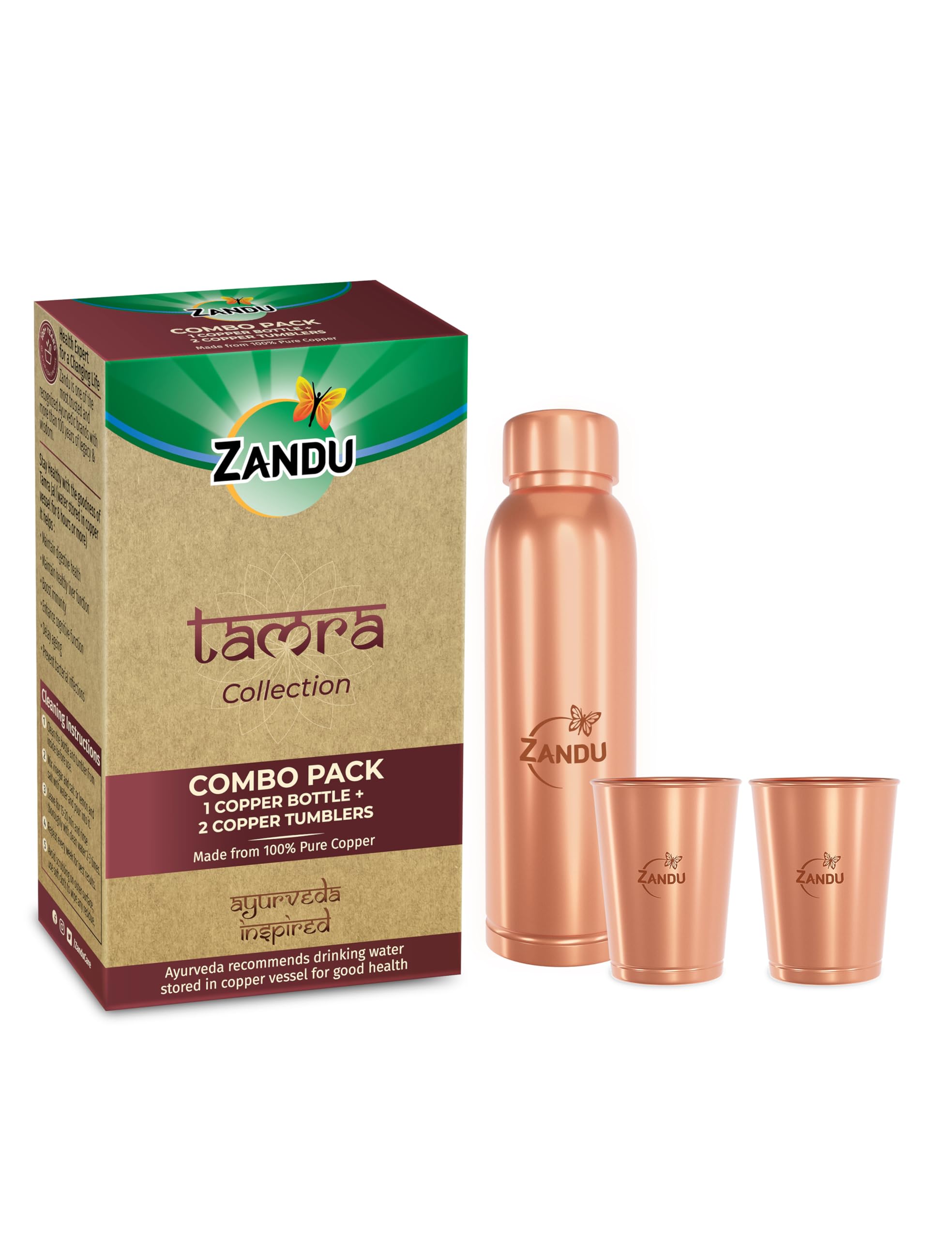 Zandu Copper Gift Set Pack (1 Bottle & 2 Tumbler): Made with 100% Pure Copper |Supports Digestive & Liver Health | Helps Enhance Immunity| Useful in Promoting Overall Health (Pack of 950ml & 2x300ml)