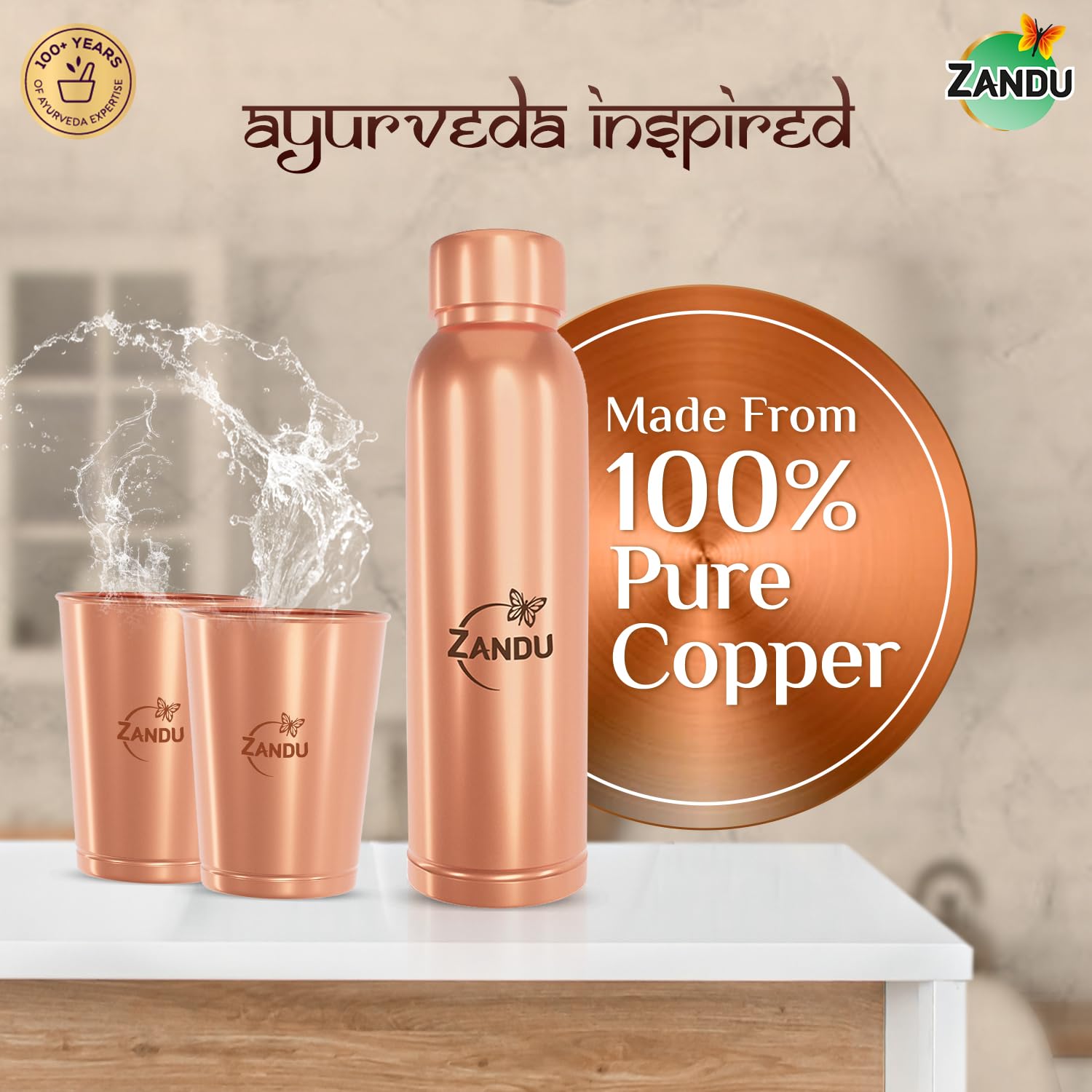 Zandu Copper Gift Set Pack (1 Bottle & 2 Tumbler): Made with 100% Pure Copper – view 2