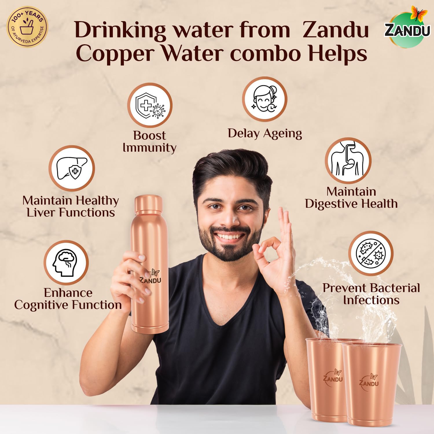Zandu Copper Gift Set Pack (1 Bottle & 2 Tumbler): Made with 100% Pure Copper – view 3