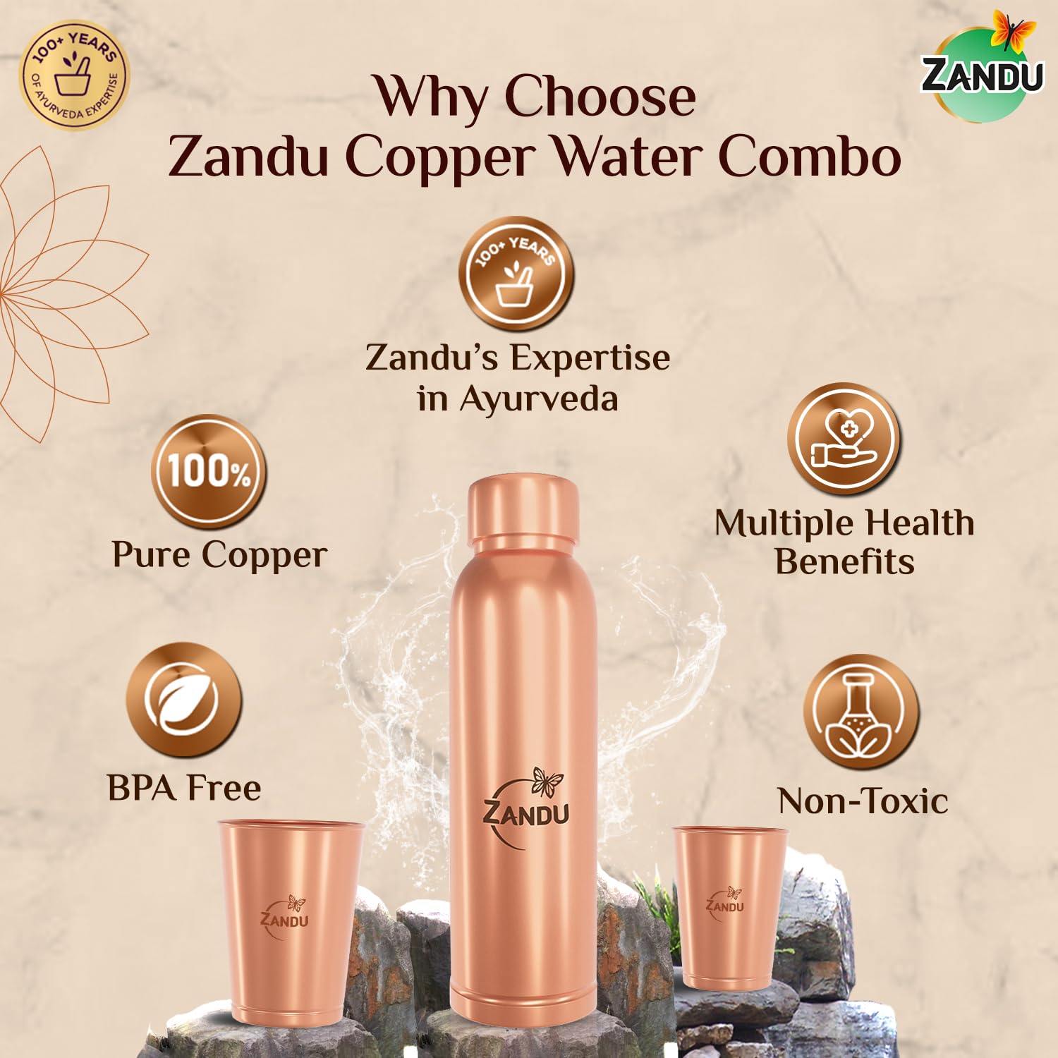 Zandu Copper Gift Set Pack (1 Bottle & 2 Tumbler): Made with 100% Pure Copper – view 4