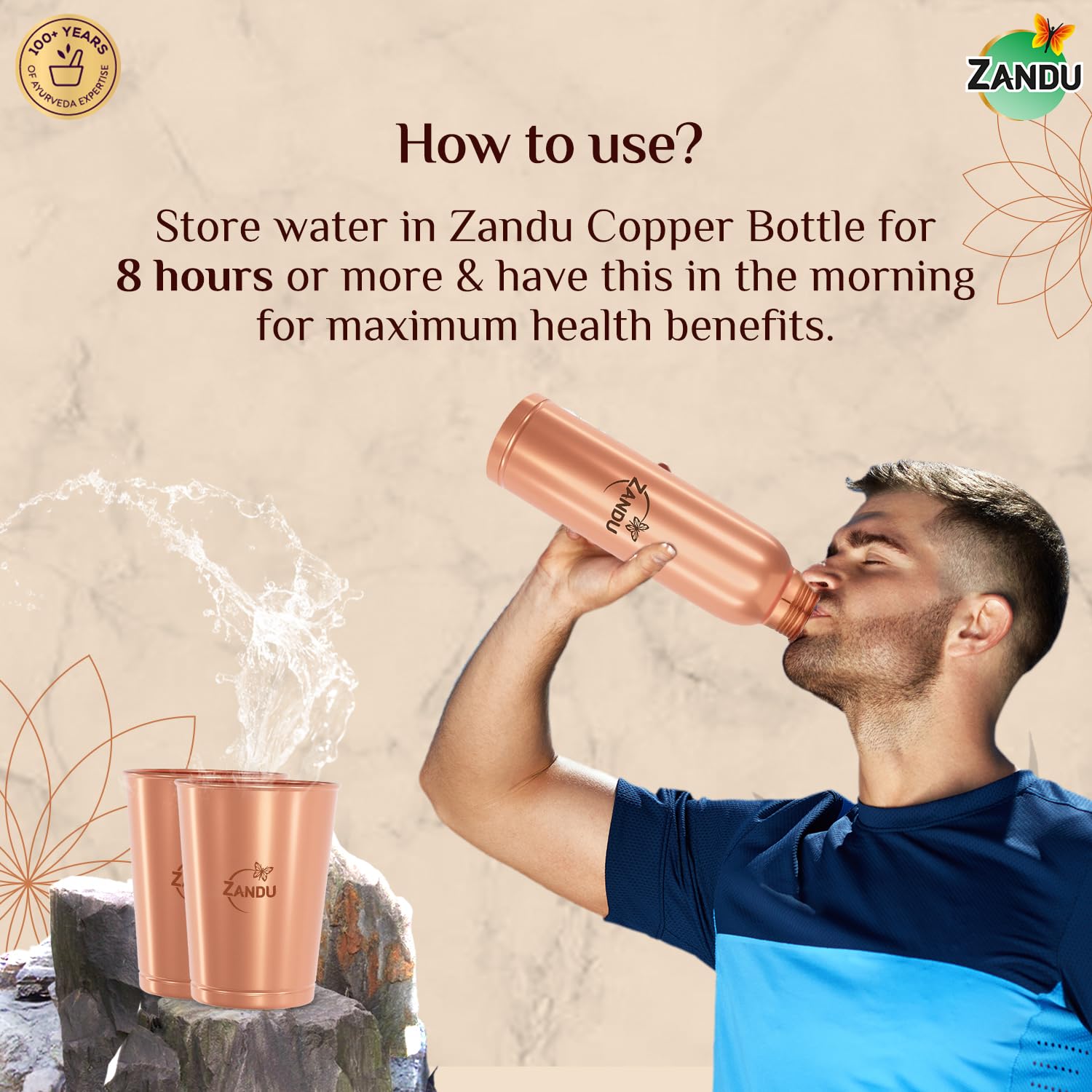 Zandu Copper Gift Set Pack (1 Bottle & 2 Tumbler): Made with 100% Pure Copper – view 5