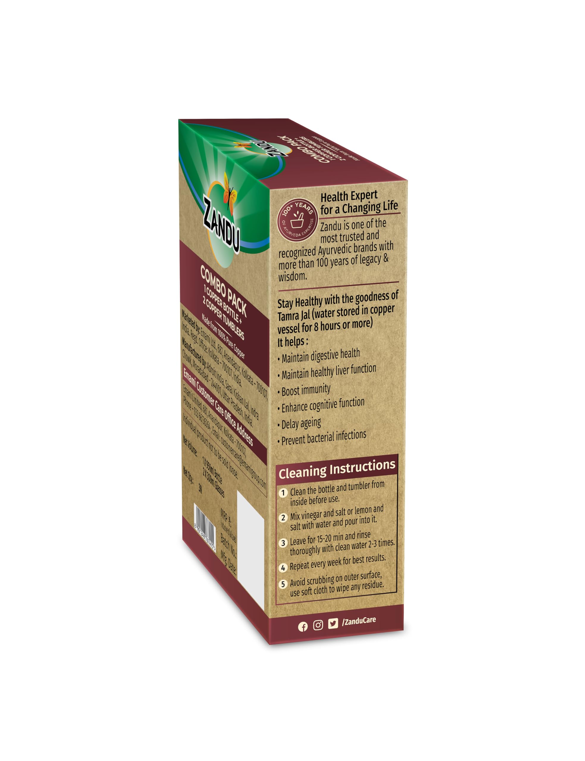 Zandu Copper Gift Set Pack (1 Bottle & 2 Tumbler): Made with 100% Pure Copper – view 8
