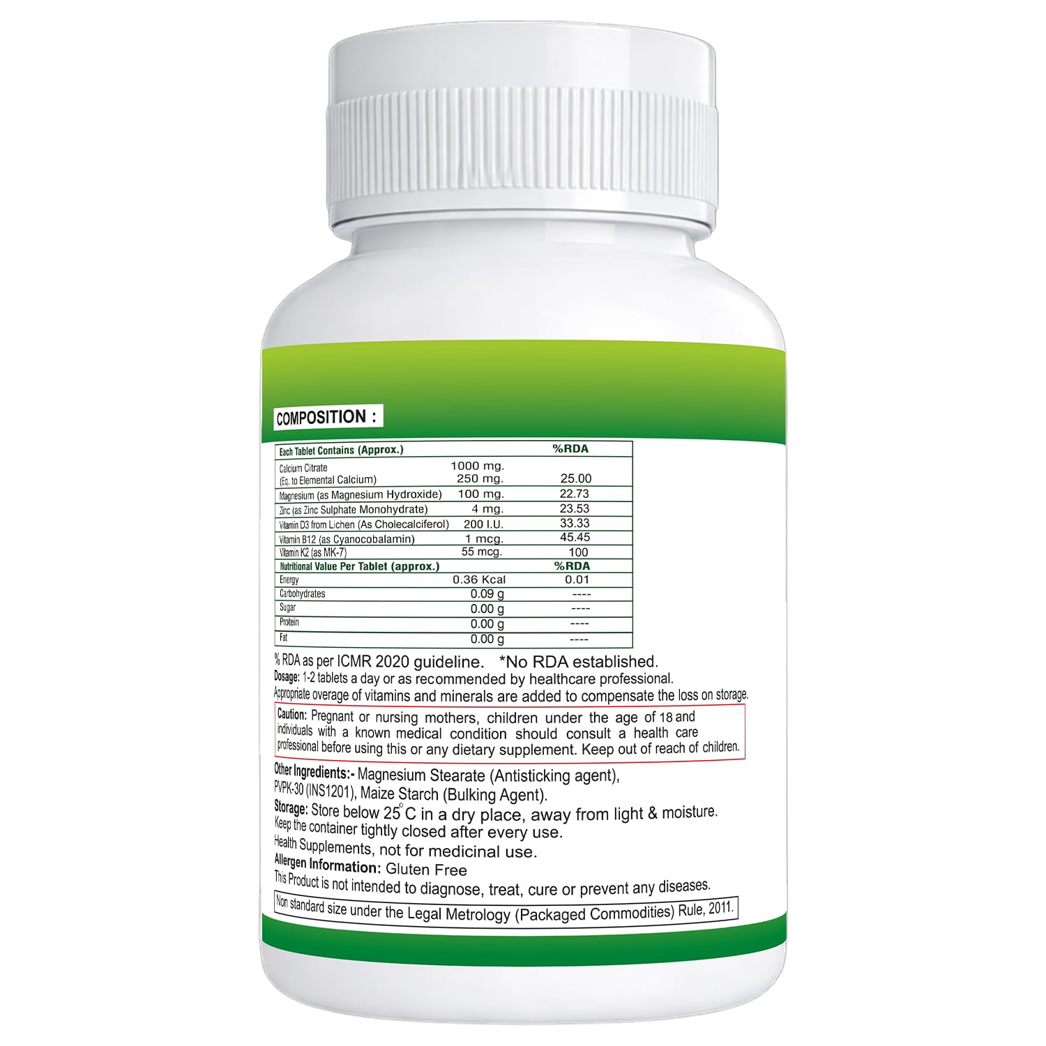 Nveda Calcium 1000mg with Vitamin D3, K2, Magnesium, Zinc & B12 – view 2