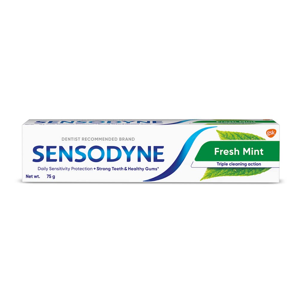 Front view of Sensodyne Fresh Mint toothpaste 75 g tube