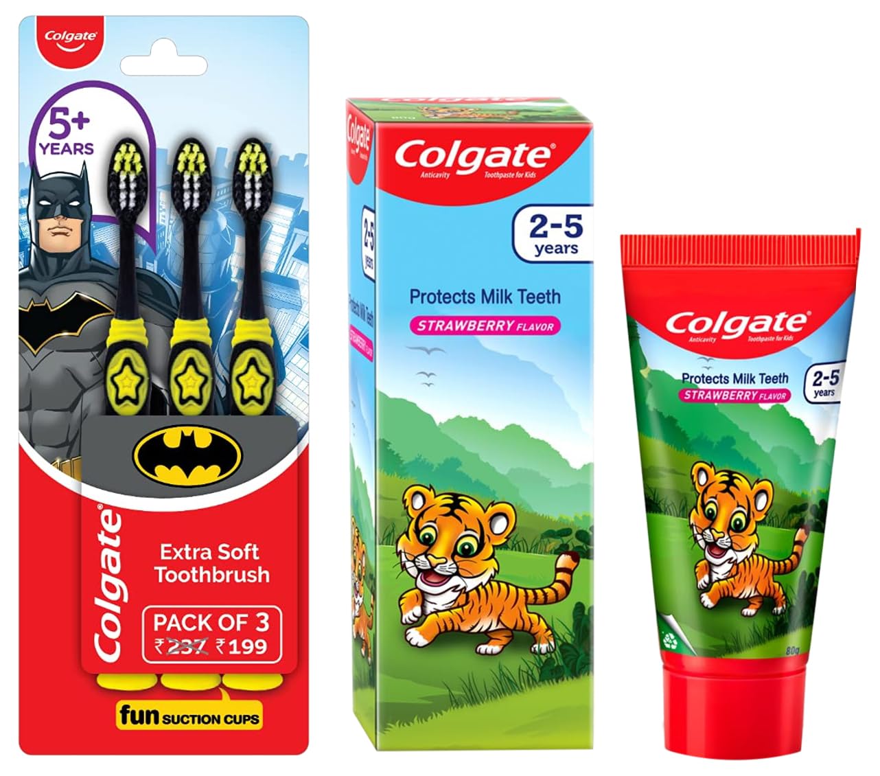 Colgate multicolour kids toothbrushes with anticavity strawberry toothpaste