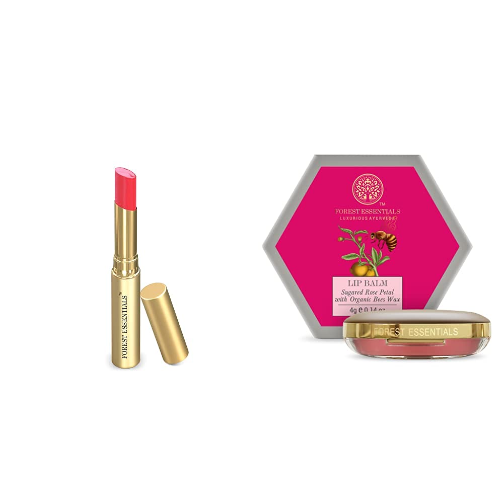 Forest Essentials lip serum in pink with sugared rose petal balm