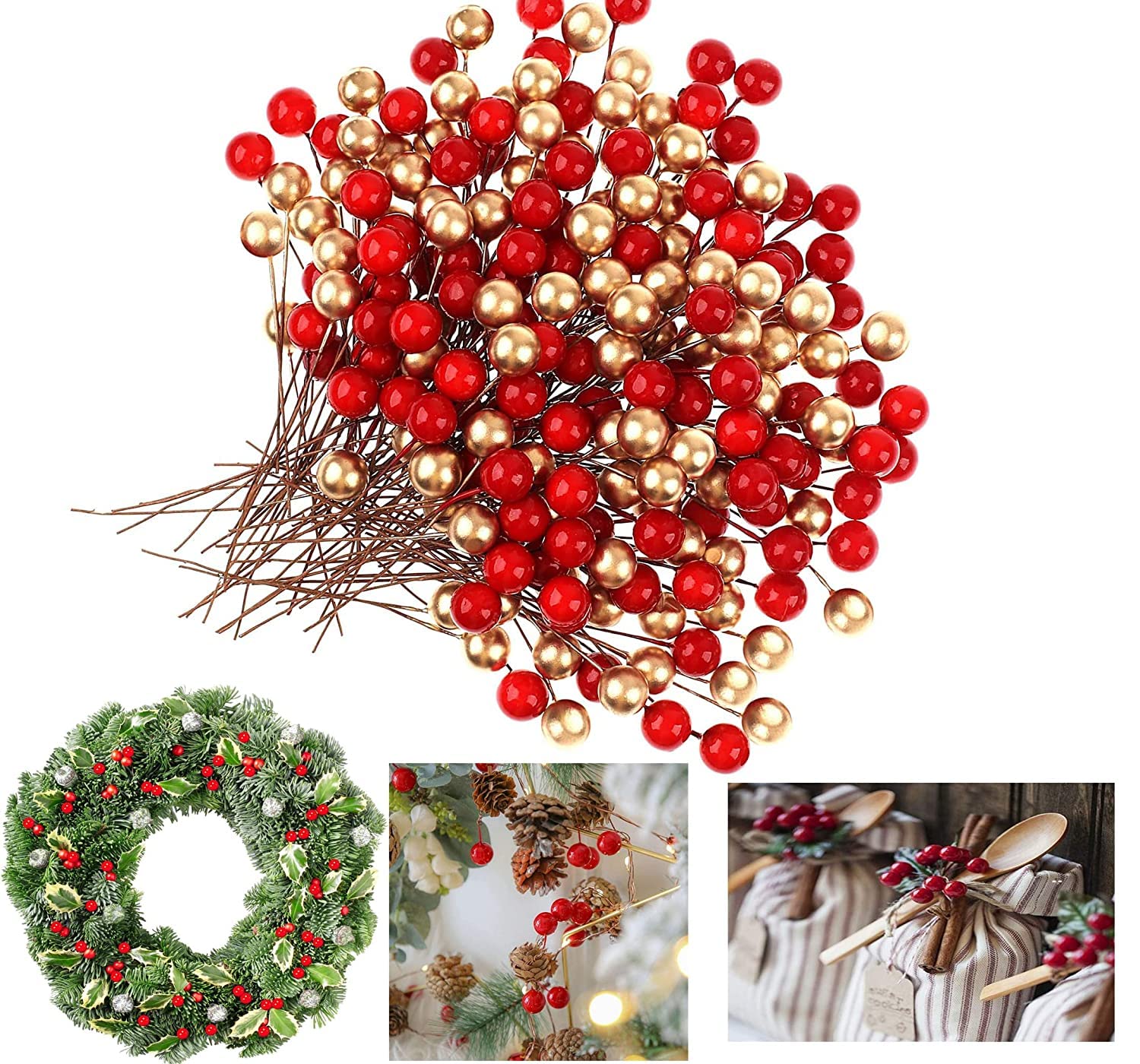 Hanging red and golden Christmas berries for wreath and craft decor