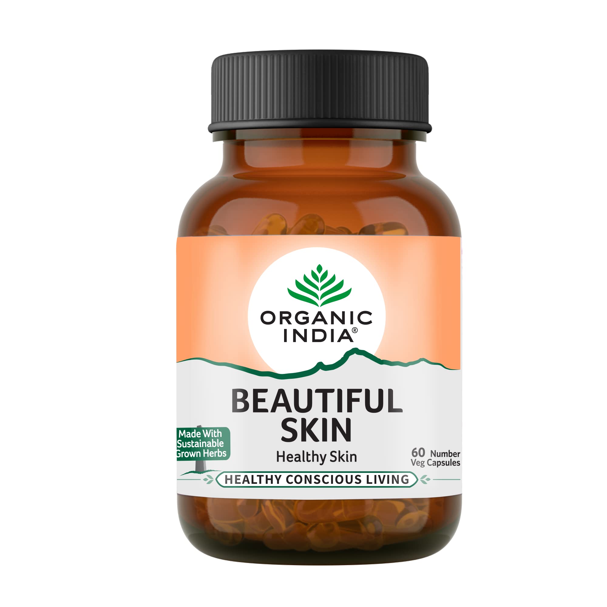 Bottle of Organic India Beautiful Skin unflavoured vegetarian capsules, 60 count