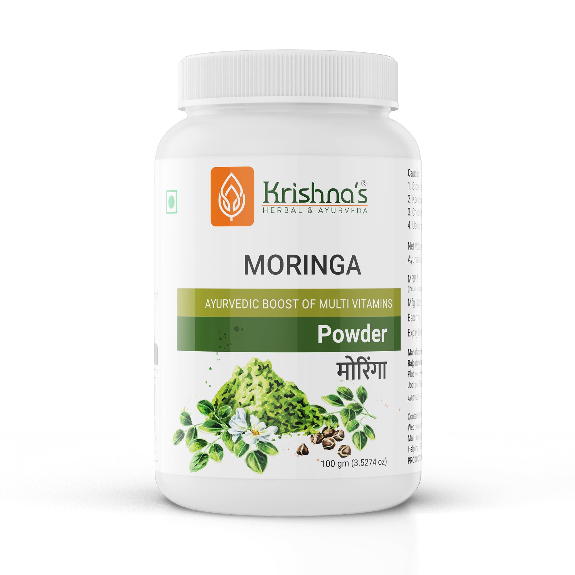 Front jar of Krishna's Herbal & Ayurveda moringa leaf powder