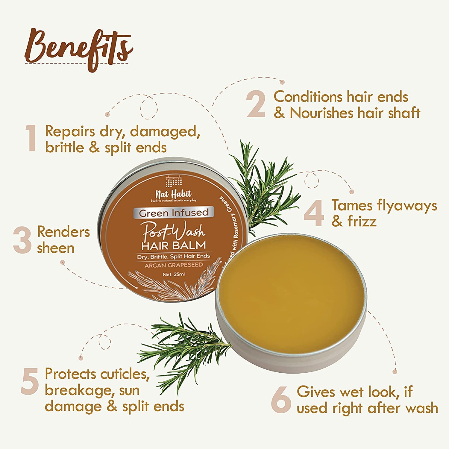 Nat Habit Argan Grapeseed Hair Balm For Men & Women Split Ends, Smoothening, Post Wash Straightening, Conditioning Infused With Rosemary & Oils - (Pack of 1, 25ml) – view 5