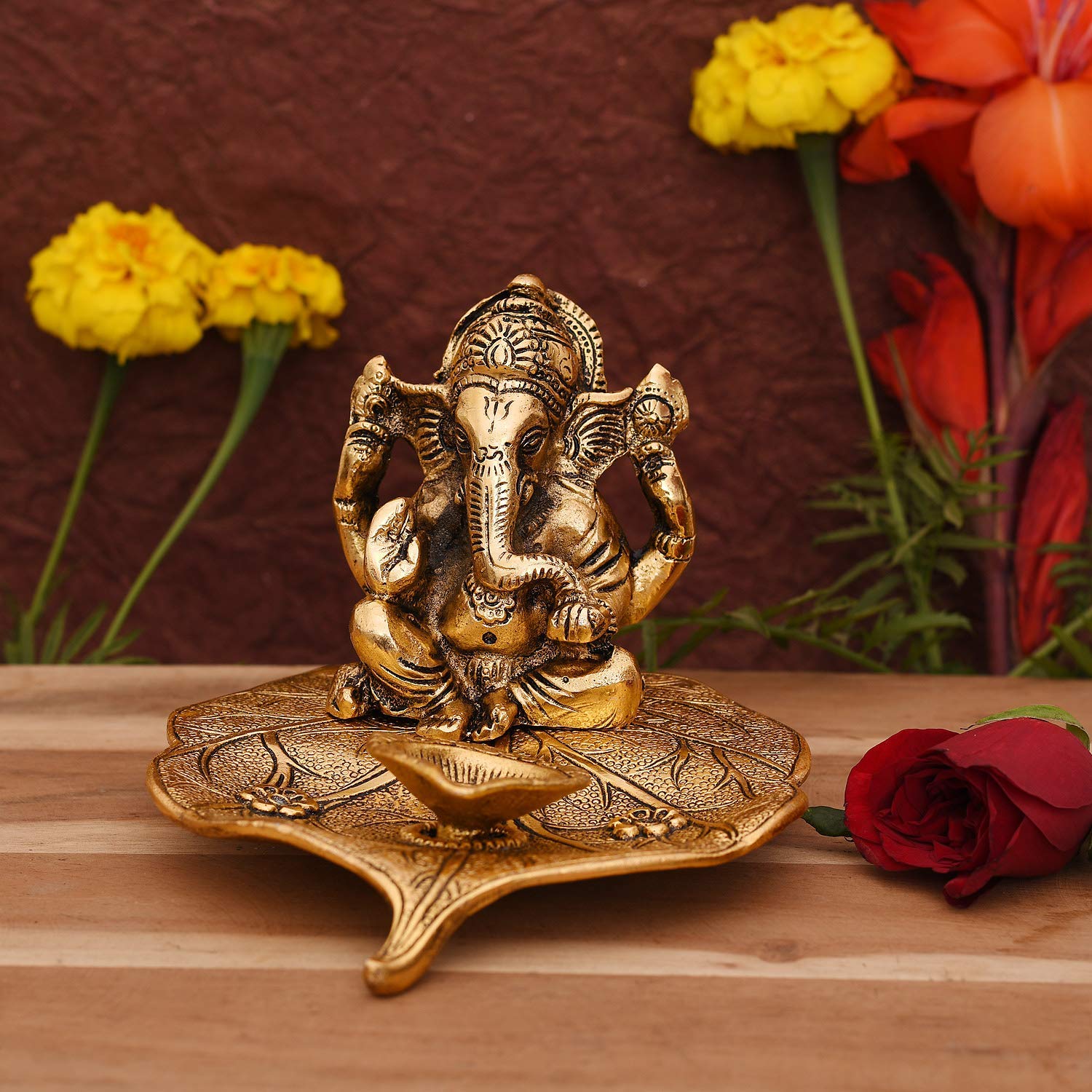 Collectible India Aluminium Ganesh with Diya Idol, Medium, Gold, Paper – view 2