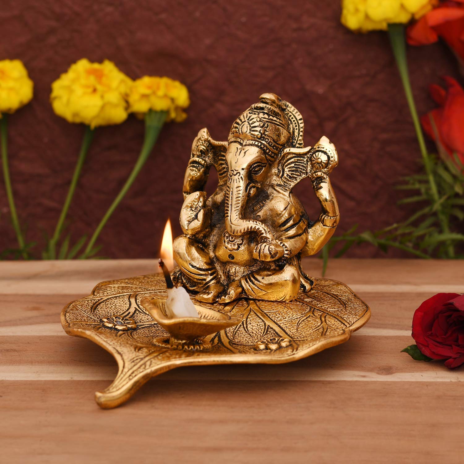 Collectible India Aluminium Ganesh with Diya Idol, Medium, Gold, Paper – view 3