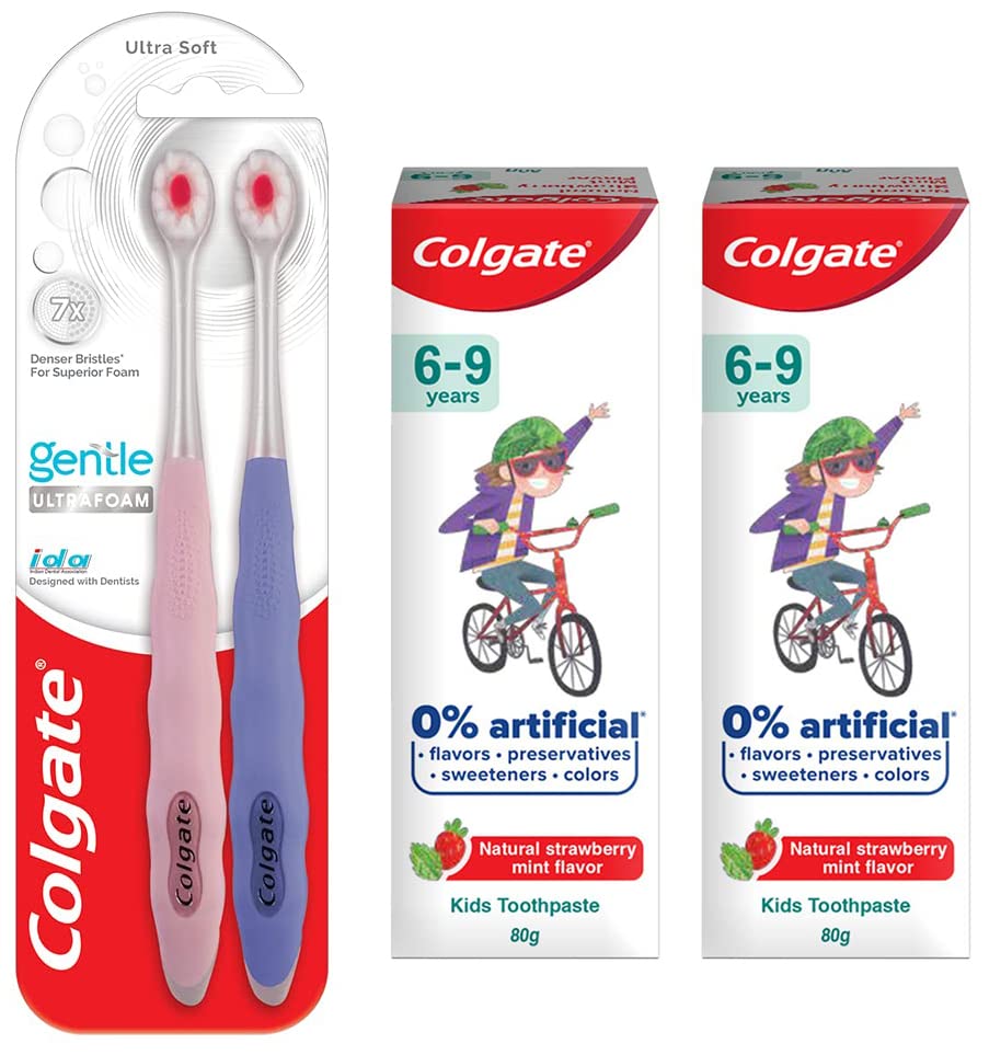 Colgate Kids Anticavity Toothpaste 6-9 Years, 160g (80g x 2), Natural Strawberry Mint Flavour, 0% Artificial & Colgate Gentle UltraFoam Ultra Soft Bristles, 2 Pcs, Multicolor – view 1