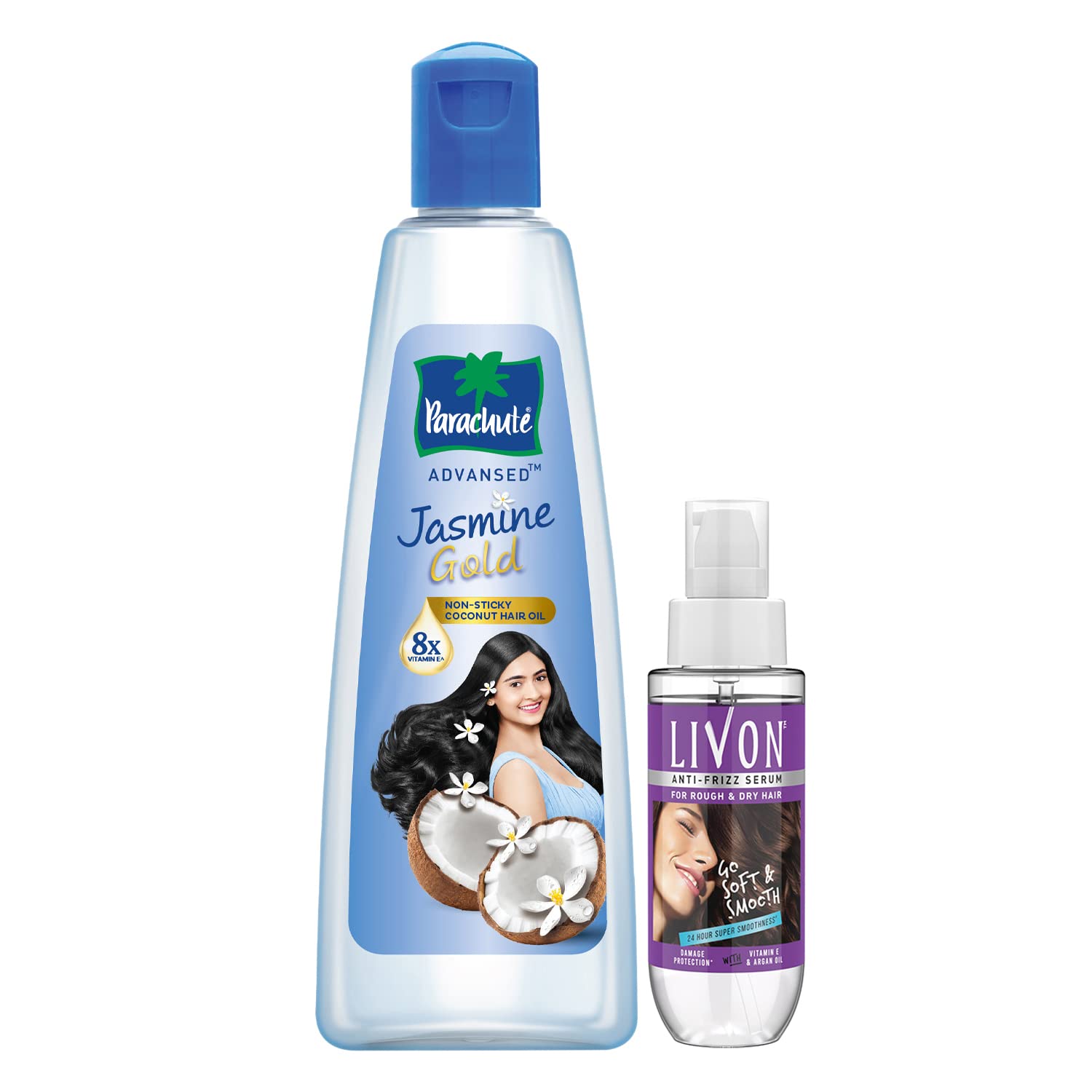 Parachute coconut hair oil and Livon frizz control serum duo