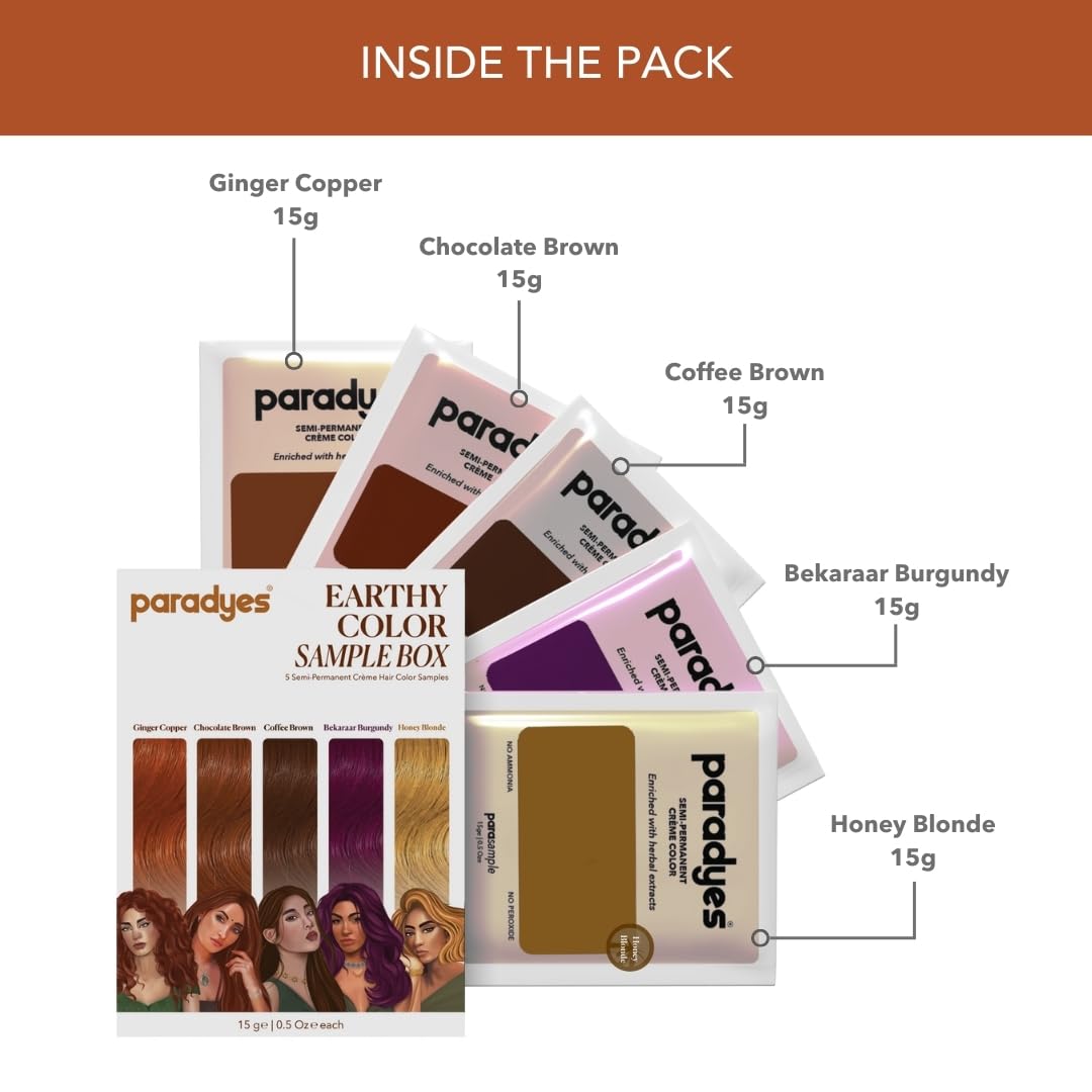 Paradyes Lighten Up! Bleach Pack + Earthy Hair Color Sample Box (Chocolate Brown, Coffee Brown, Ginnger Copper, Bekaraar Burgundy and Honey Blonde) – view 2