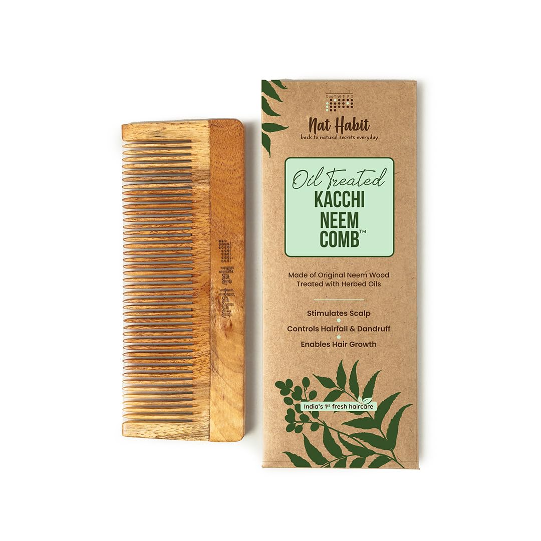 Large brown fine tooth neem wood comb by Nat Habit