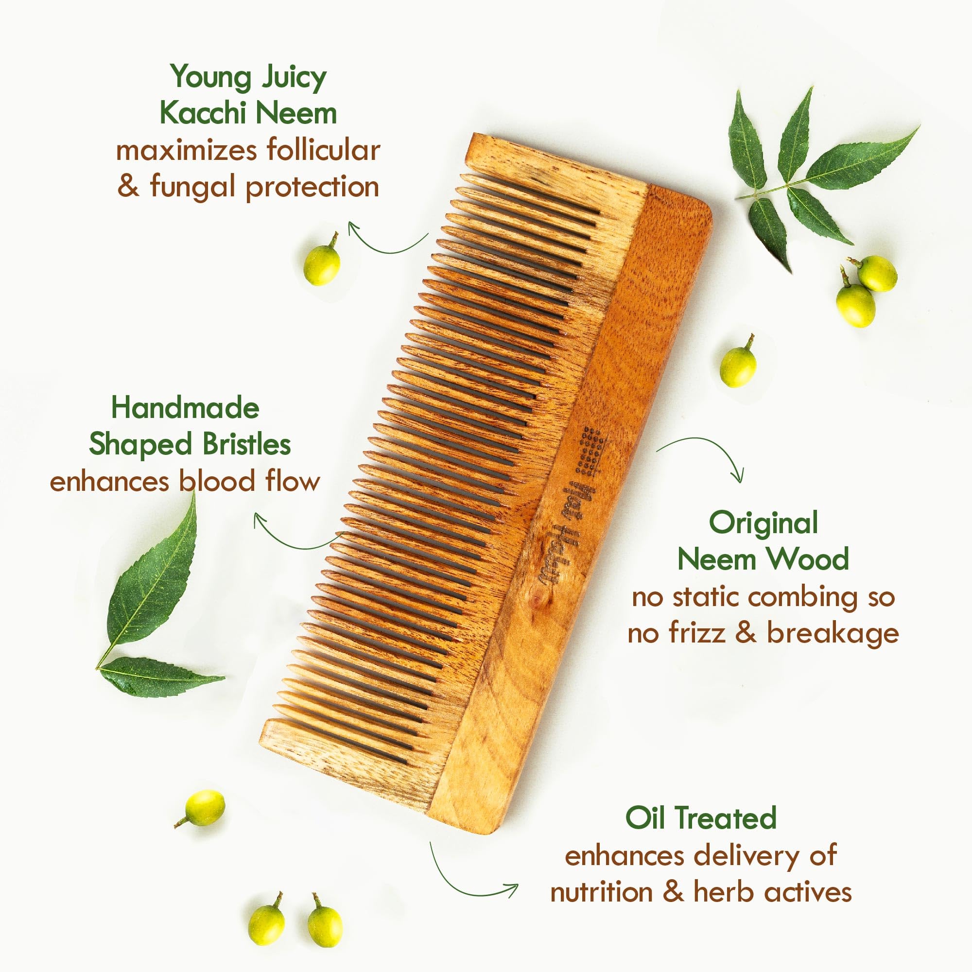 Nat Habit Kacchi Neem Wooden Comb, Soaked In 13 Herbs, Neem & Sesame Oil For Men & Women Daily Styling & Detangling (Fine Tooth Large Size) Pack of 1 – view 3