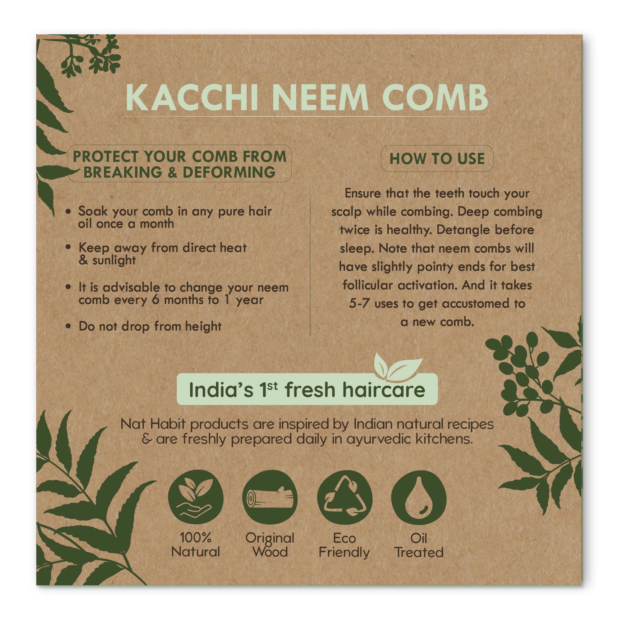 Nat Habit Kacchi Neem Wooden Comb, Soaked In 13 Herbs, Neem & Sesame Oil For Men & Women Daily Styling & Detangling (Fine Tooth Large Size) Pack of 1 – view 7