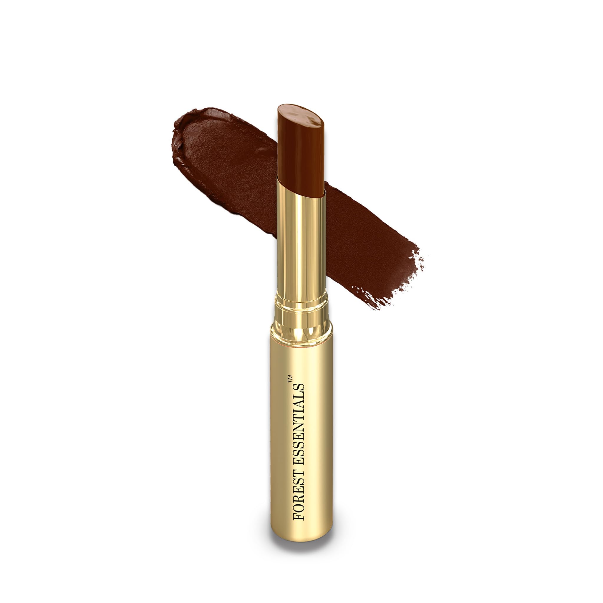 Glossy sheer brown Forest Essentials lip serum tube and carton