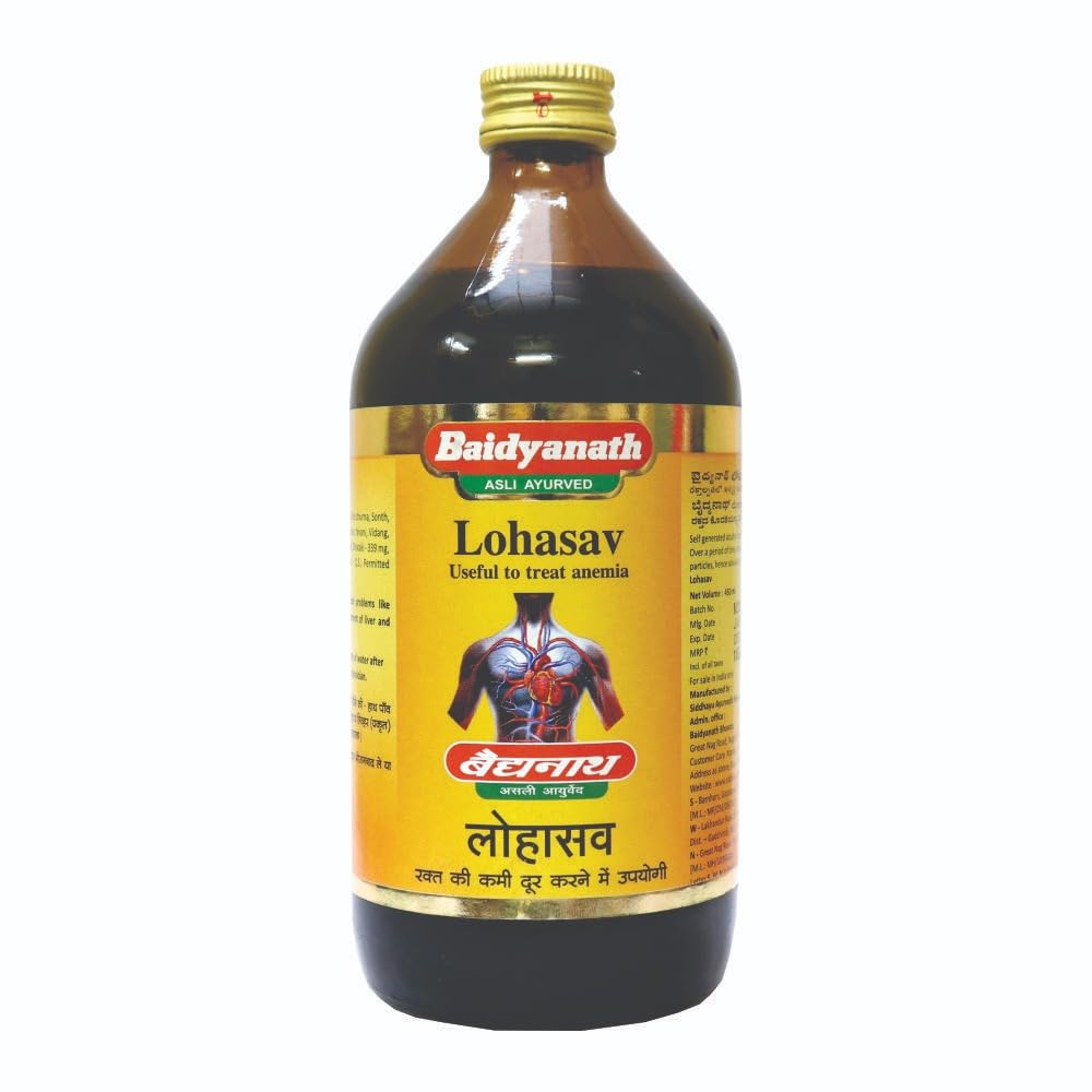 Front view of Baidyanath Lohasav 450 ml syrup bottle