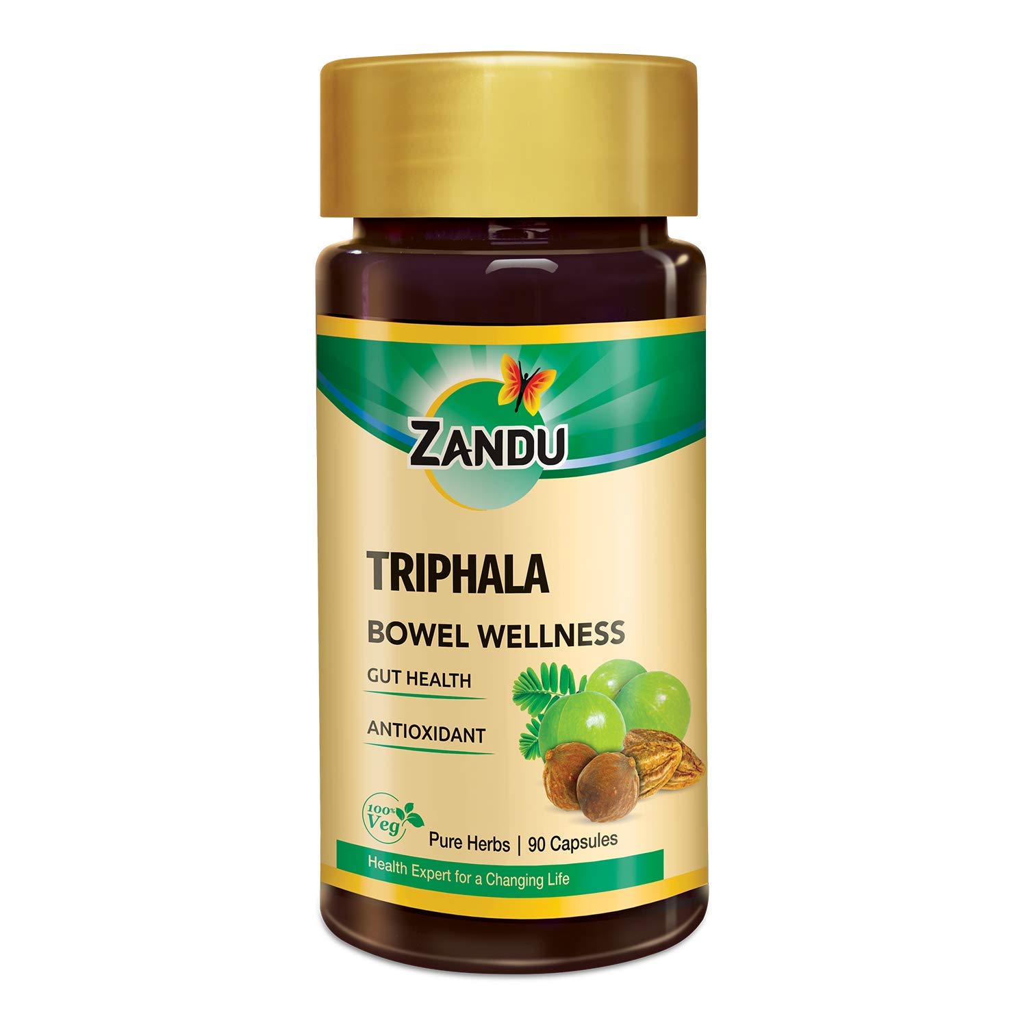 Zandu Triphala capsules bottle with 90 plant-based digestive support capsules