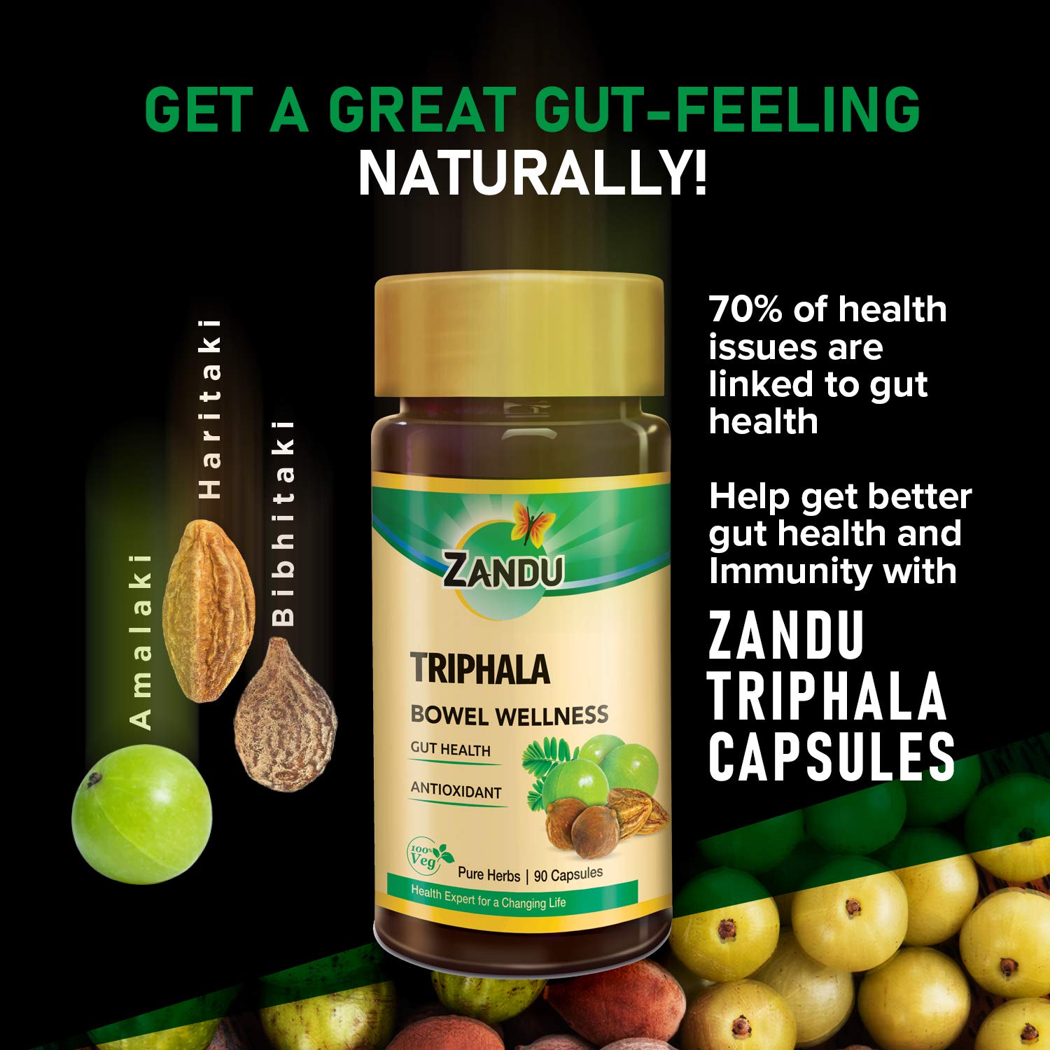 Zandu Triphala Capsules, Supports Bowel Wellness & Healthy Gut, Helps to Boost Immunity & Useful for Digestion, Antioxidant Properties - 90 Veg Capsules – view 2