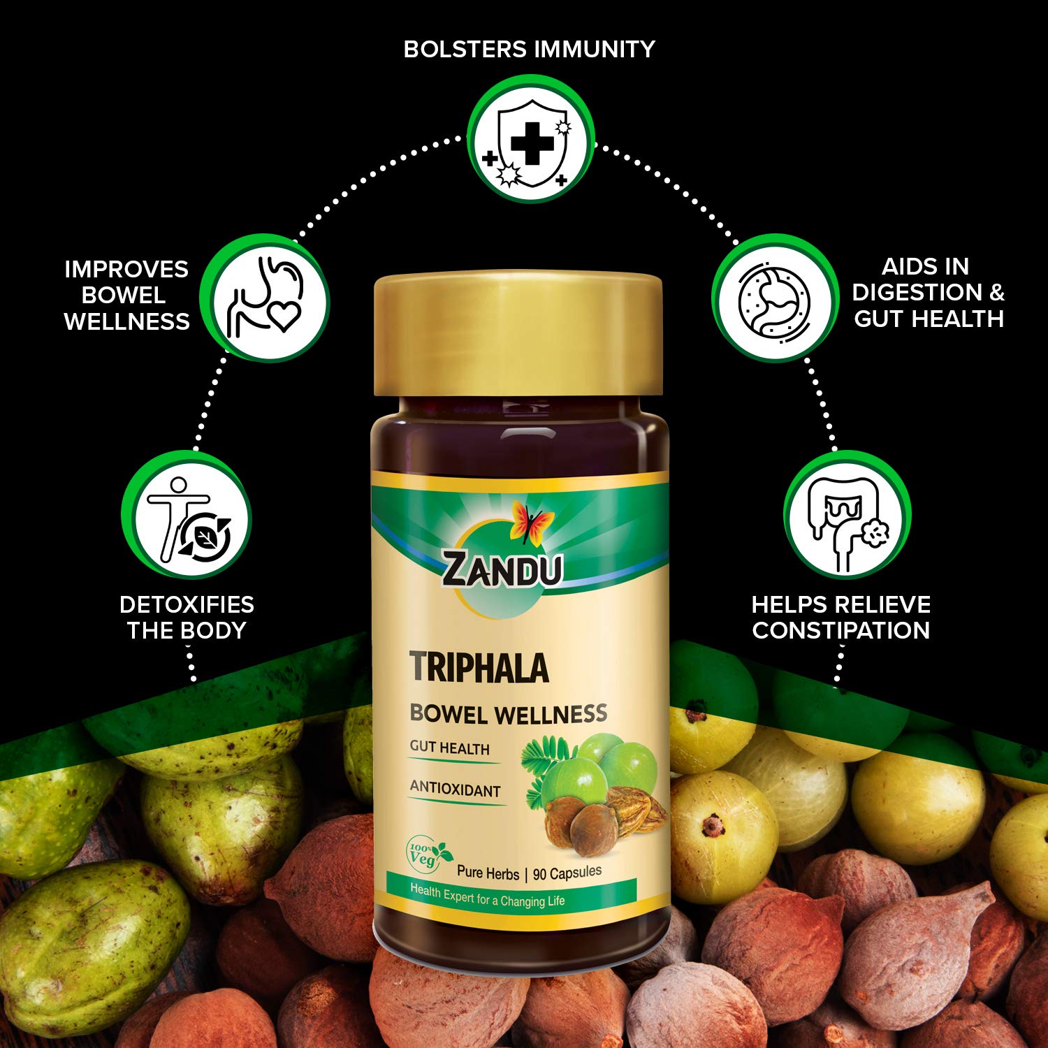 Zandu Triphala Capsules, Supports Bowel Wellness & Healthy Gut, Helps to Boost Immunity & Useful for Digestion, Antioxidant Properties - 90 Veg Capsules – view 3