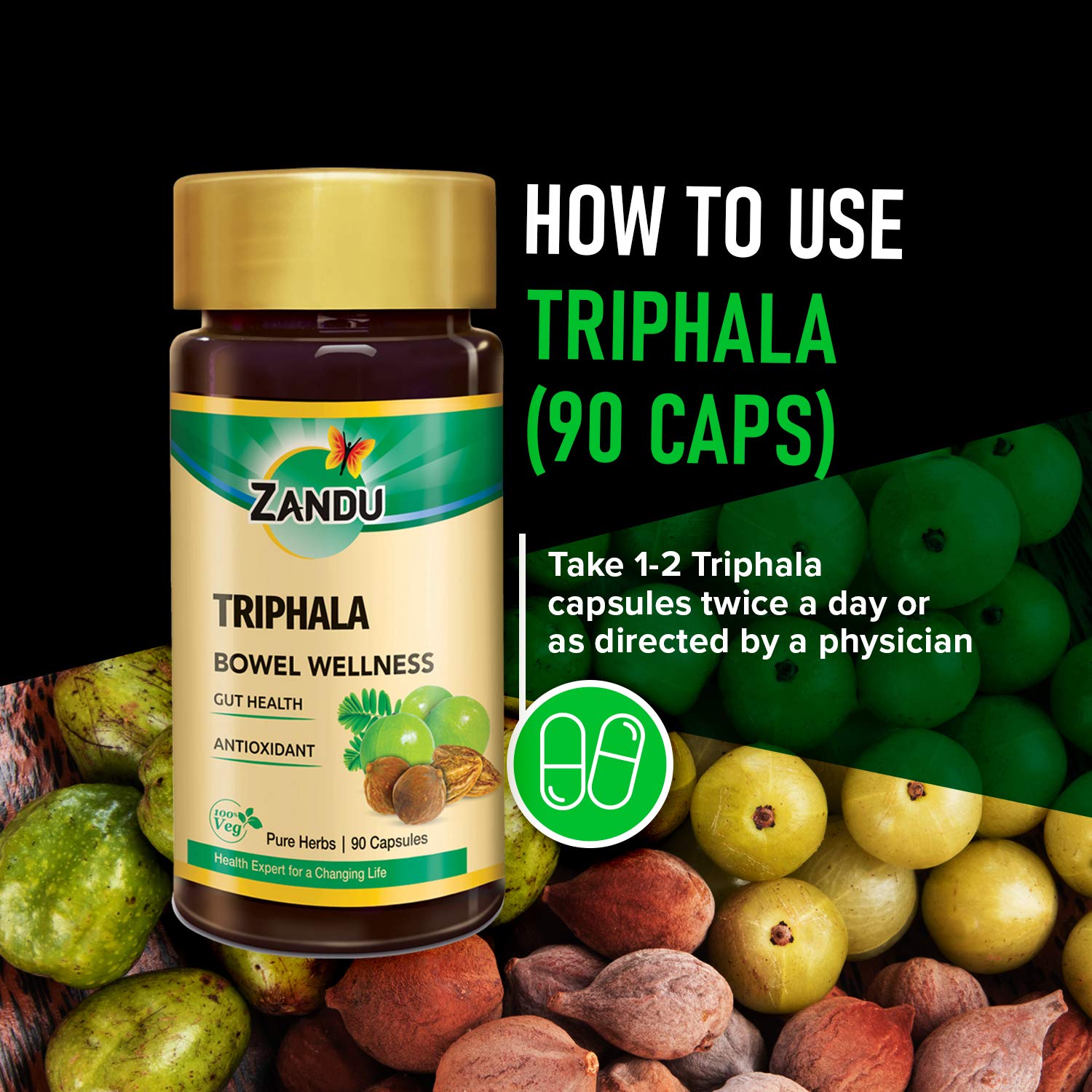 Zandu Triphala Capsules, Supports Bowel Wellness & Healthy Gut, Helps to Boost Immunity & Useful for Digestion, Antioxidant Properties - 90 Veg Capsules – view 4