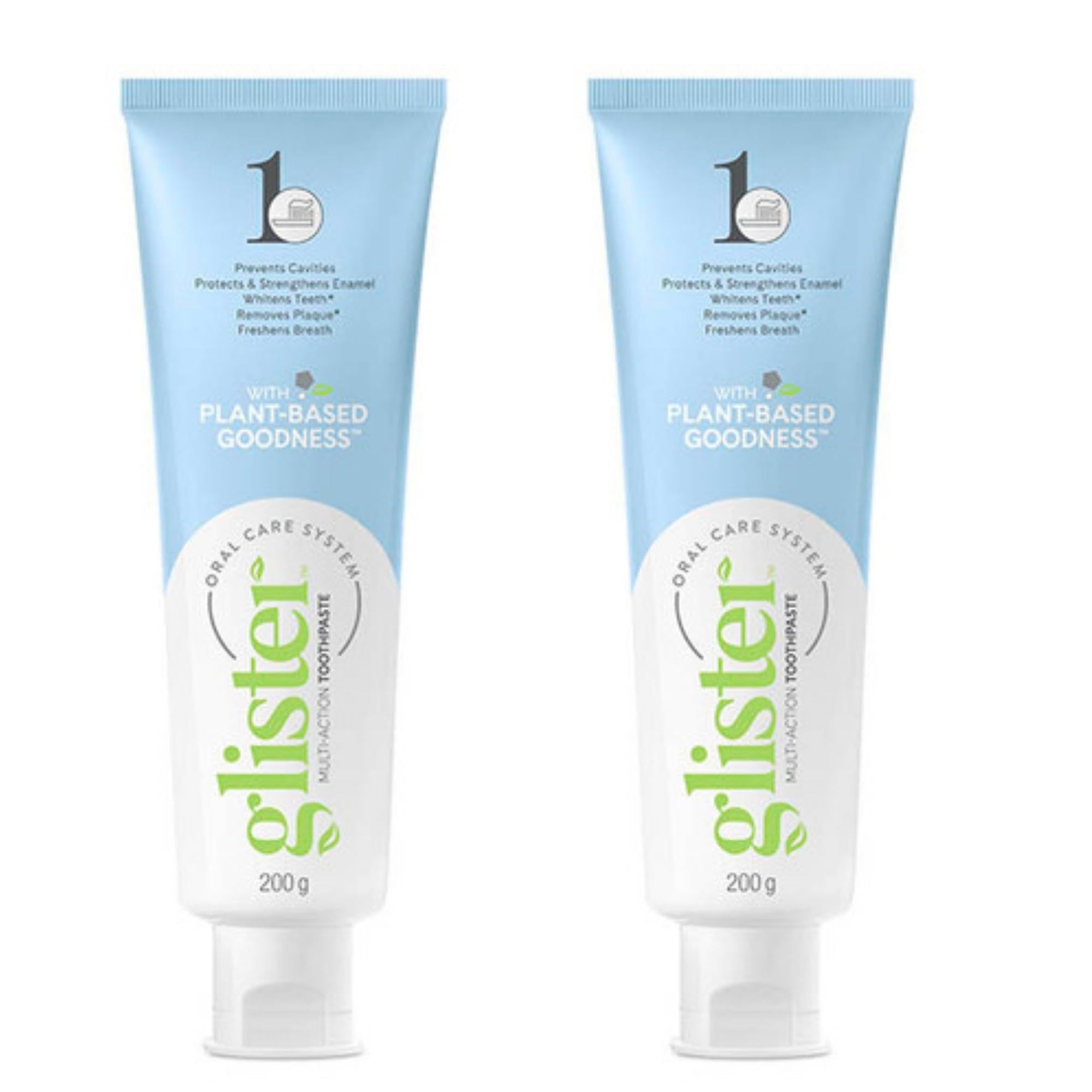 Amway Glister fluoride toothpaste twin-pack tubes and cartons