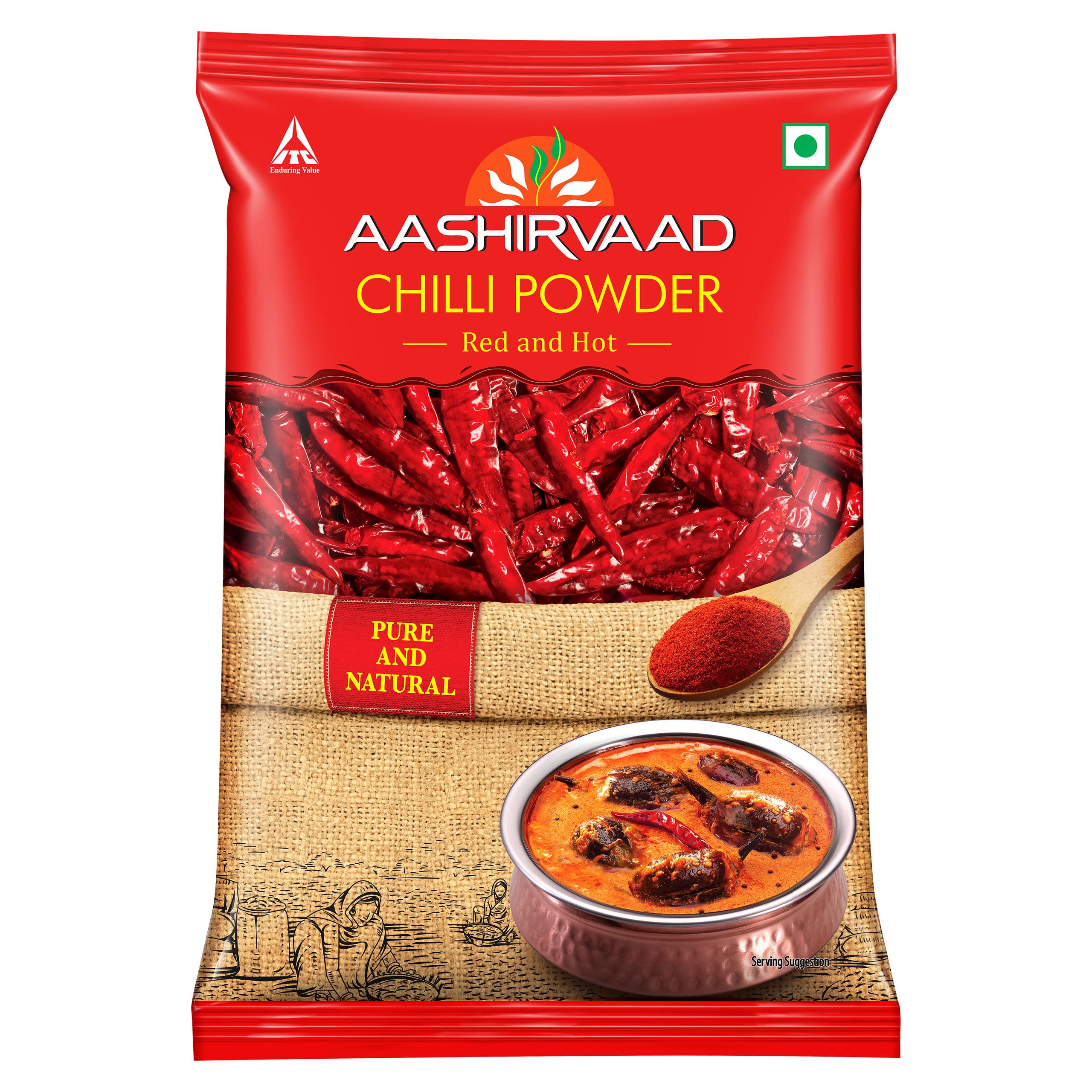 Aashirvaad chilli powder bag with red hot chilli powder